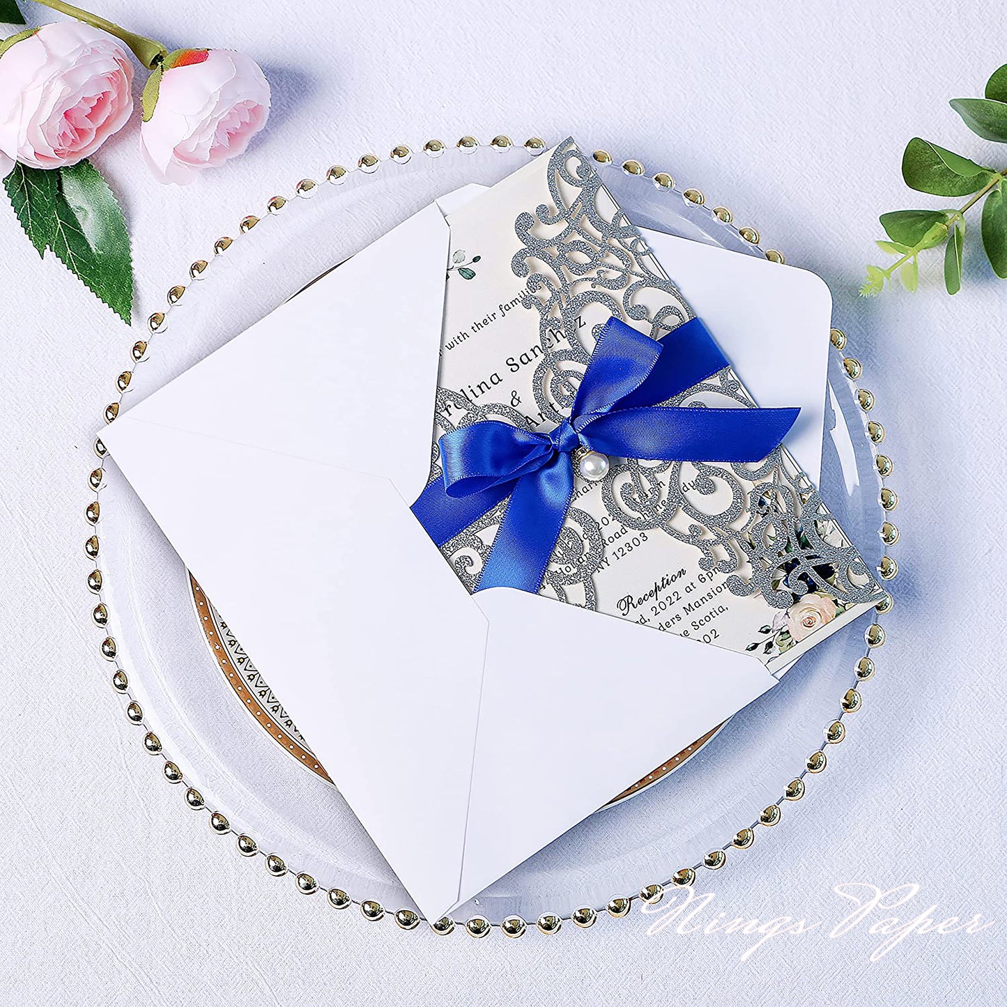 Silver Glitter Laser Cut Wedding Invitations Cards with Royal Blue Bow-knot