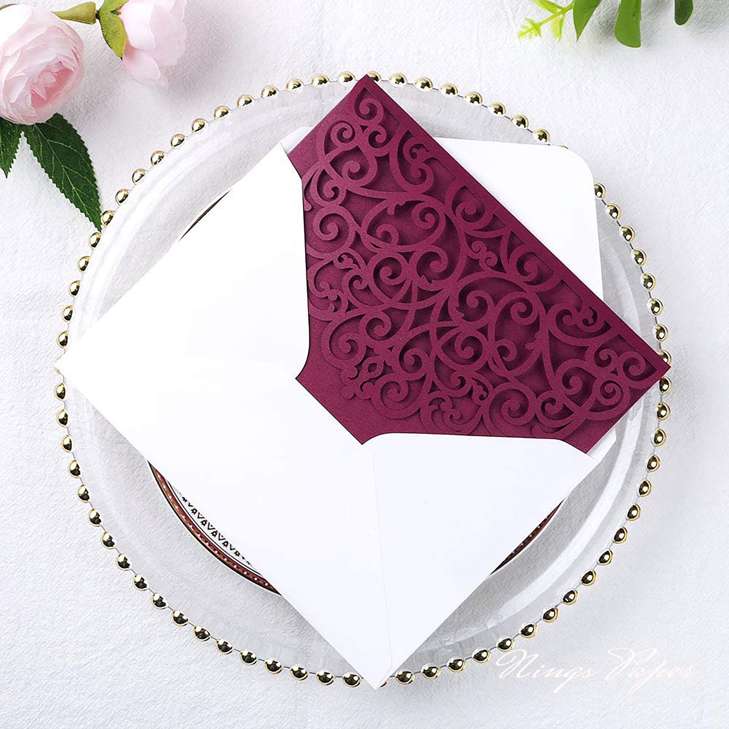 NingsPaper Burgundy Triple Folded Laser Cut Wedding Invitation Pocket