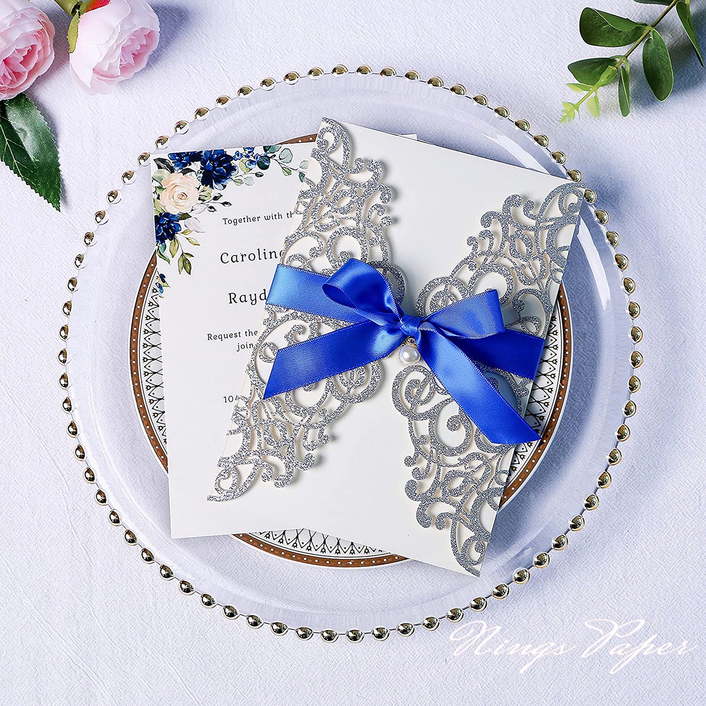 Silver Glitter Laser Cut Wedding Invitations Cards with Royal Blue Bow-knot