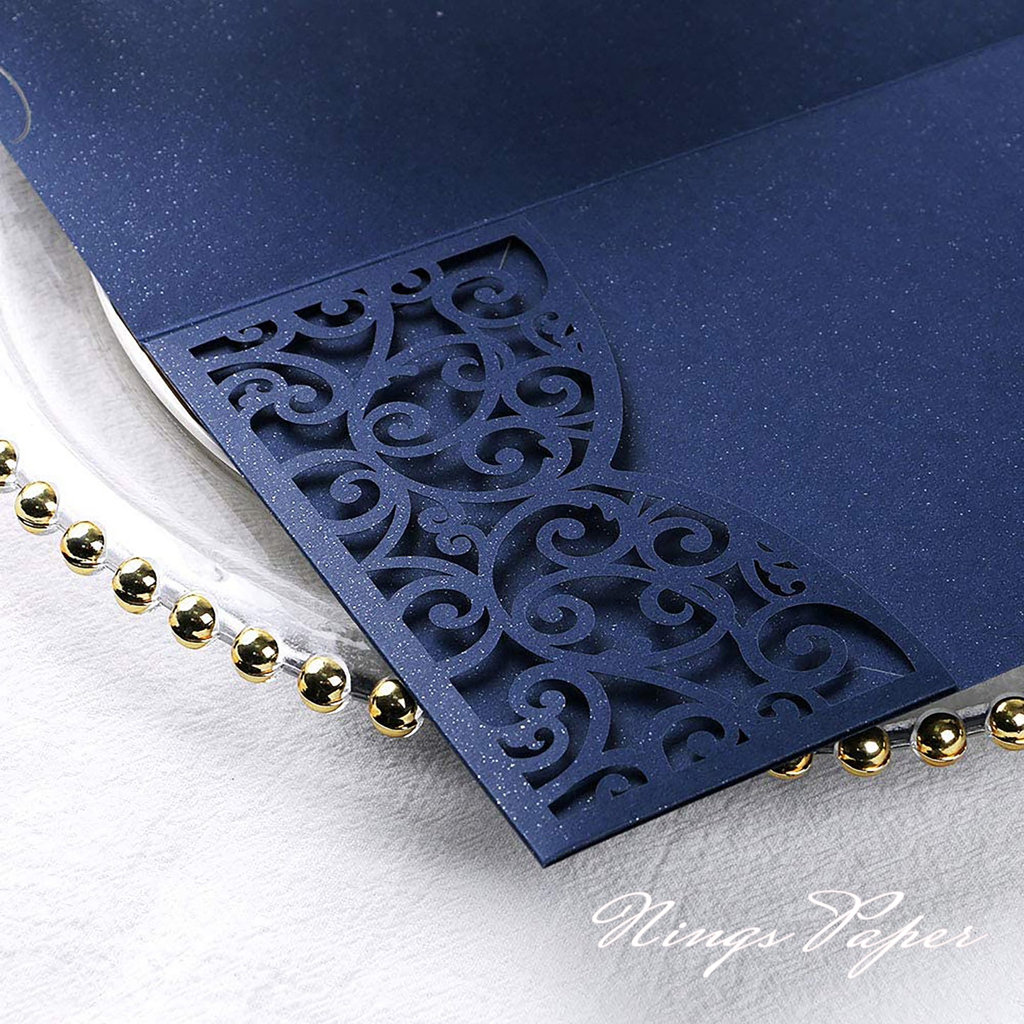 NingsPaper Navy Blue Triple Folded Laser Cut Wedding Invitation Pocket