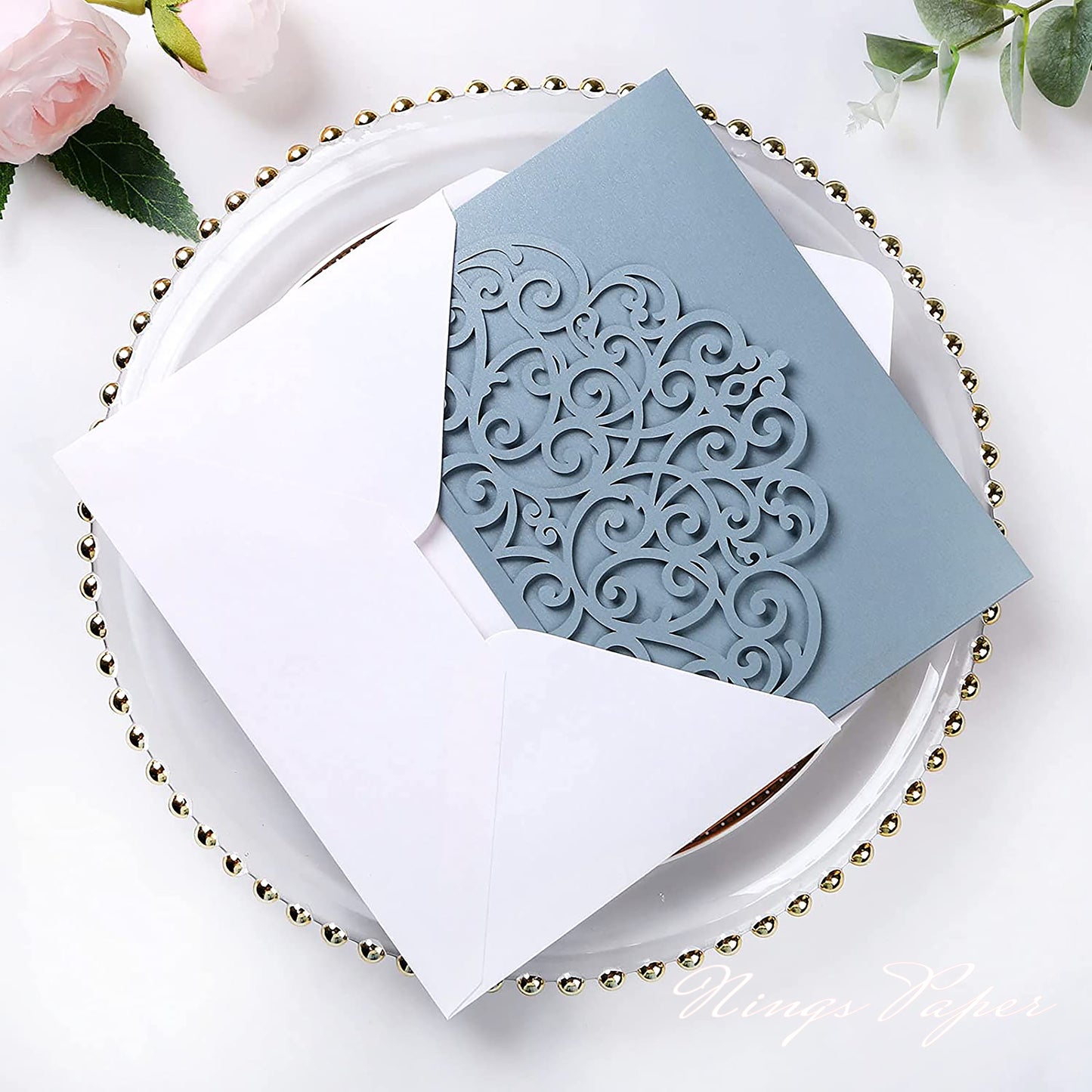 NingsPaper Dusty Blue Triple Folded Laser Cut Wedding Invitation Pocket