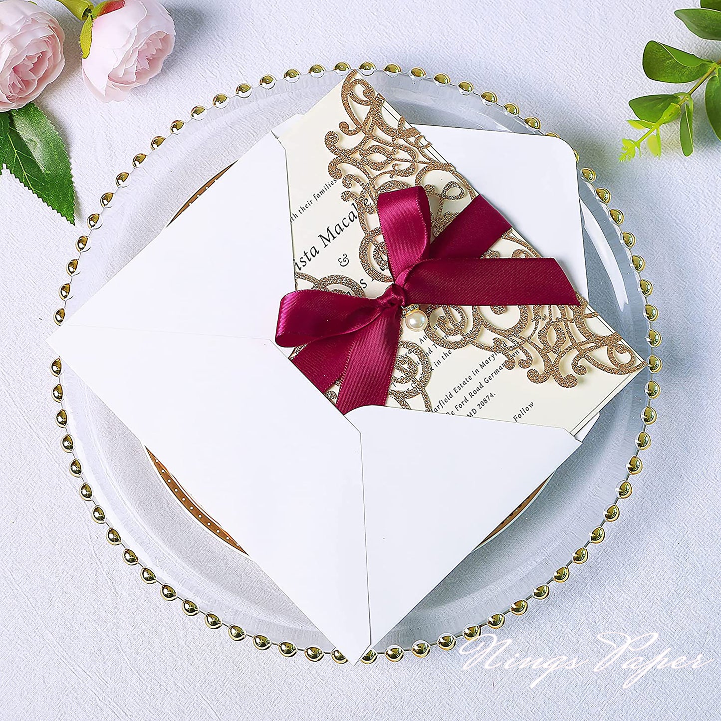 Gold Glitter Laser Cut Wedding Invitations Cards with Burgundy Bow-knot