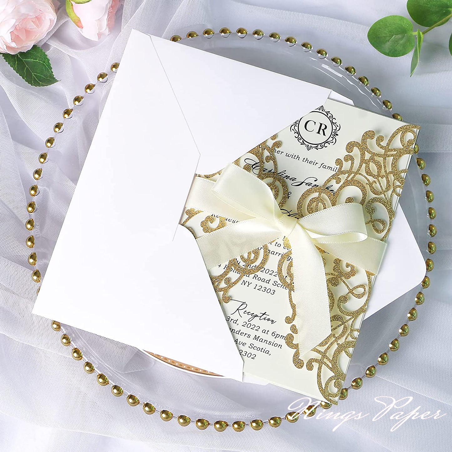 Gold Glitter Laser Cut Wedding Invitations Cards with Ivory Bow-knot