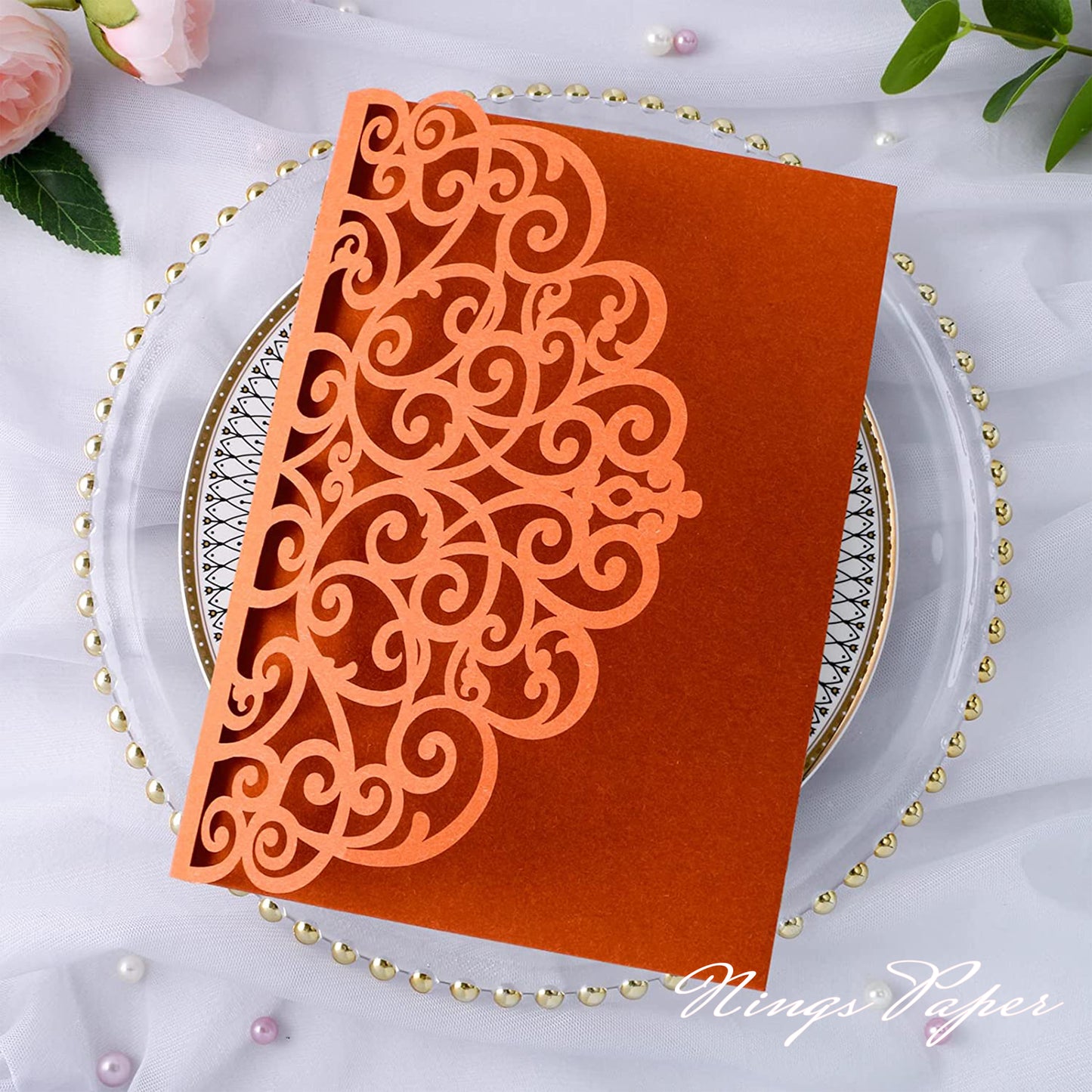 NingsPaper Burnt Orange Triple Folded Laser Cut Wedding Invitation Pocket