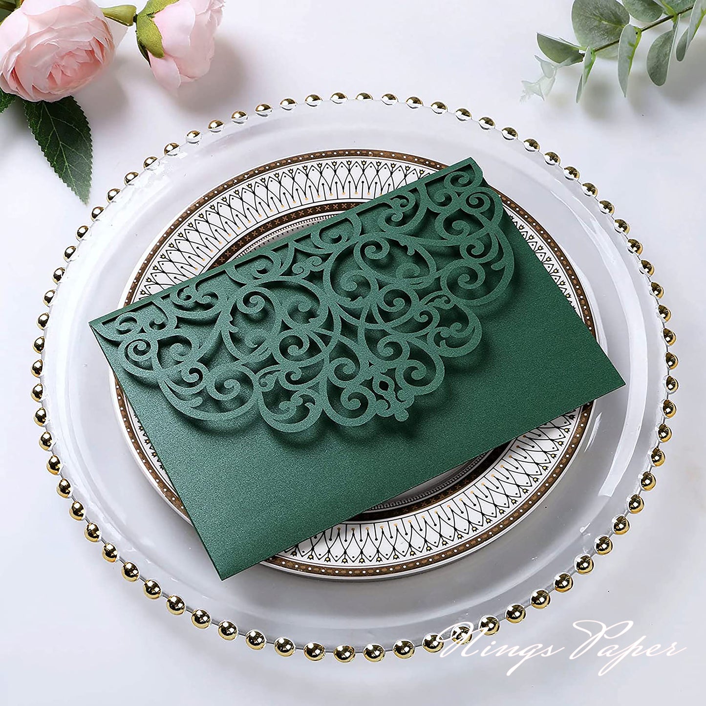 NingsPaper Emerald Green Triple Folded Laser Cut Wedding Invitation Pocket