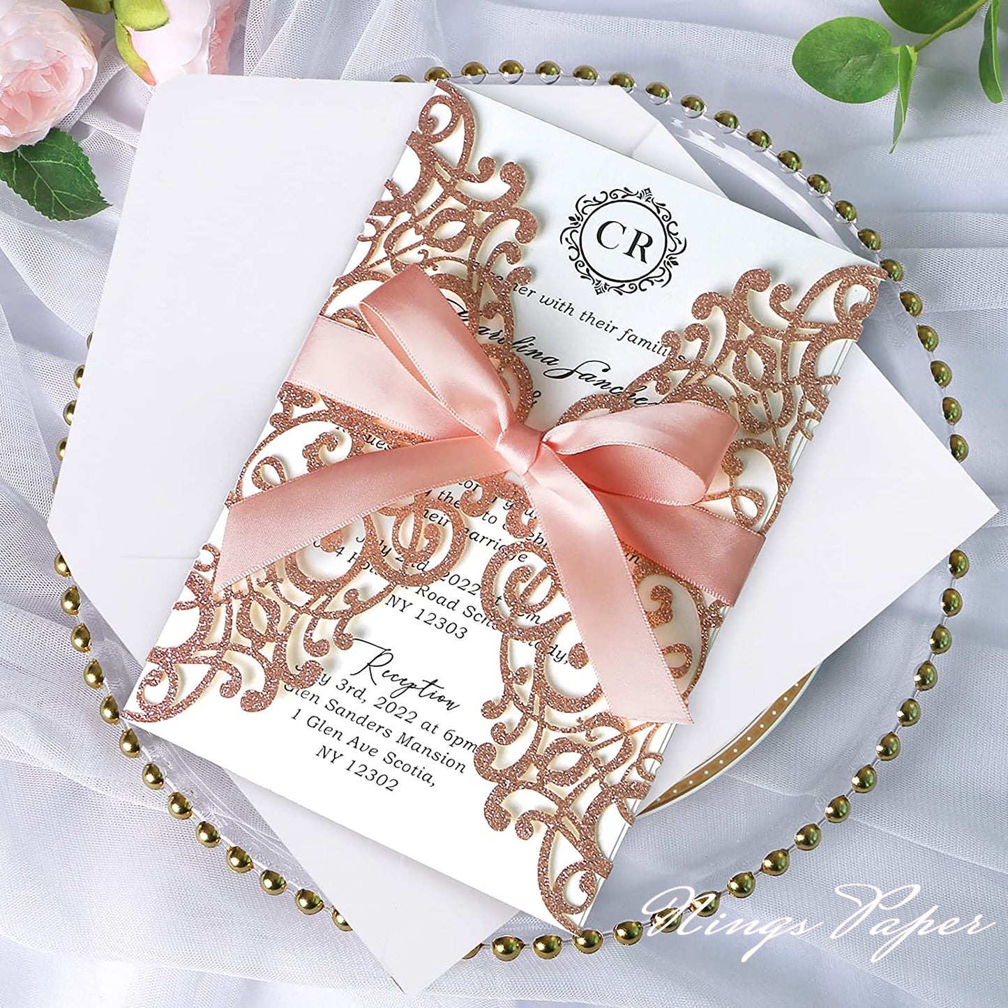 Rose Gold Glitter Laser Cut Wedding Invitations Cards with Blush Pink Bow-knot