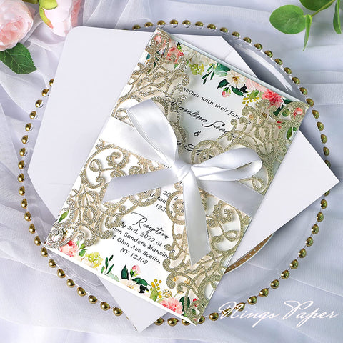 Champagne Gold Glitter Laser Cut Wedding Invitations Cards with White Bow-knot
