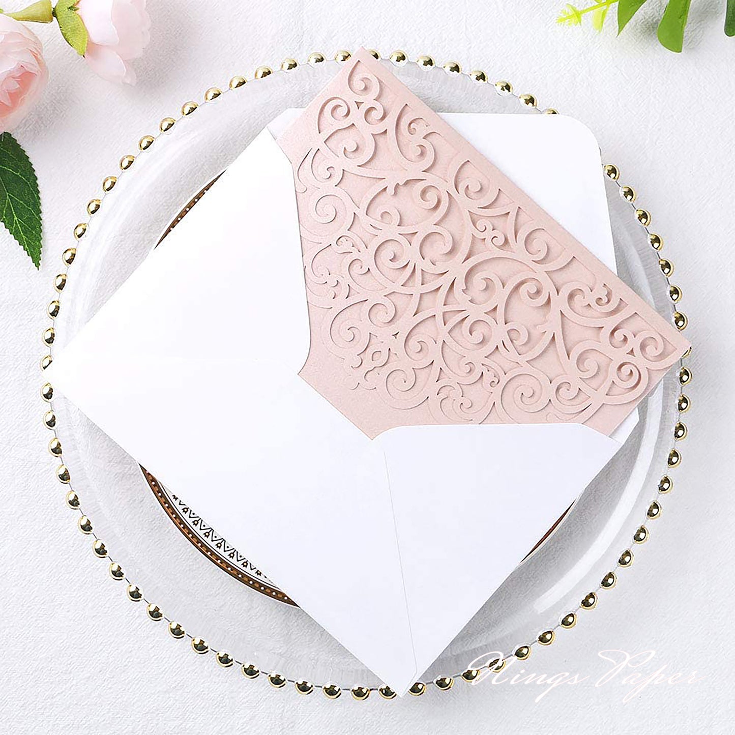 NingsPaper Blush Pink Triple Fold Laser Cut Wedding Invitation Pocket