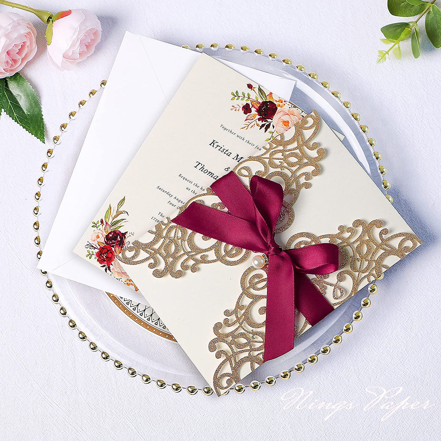 Gold Glitter Laser Cut Wedding Invitations Cards with Burgundy Bow-knot