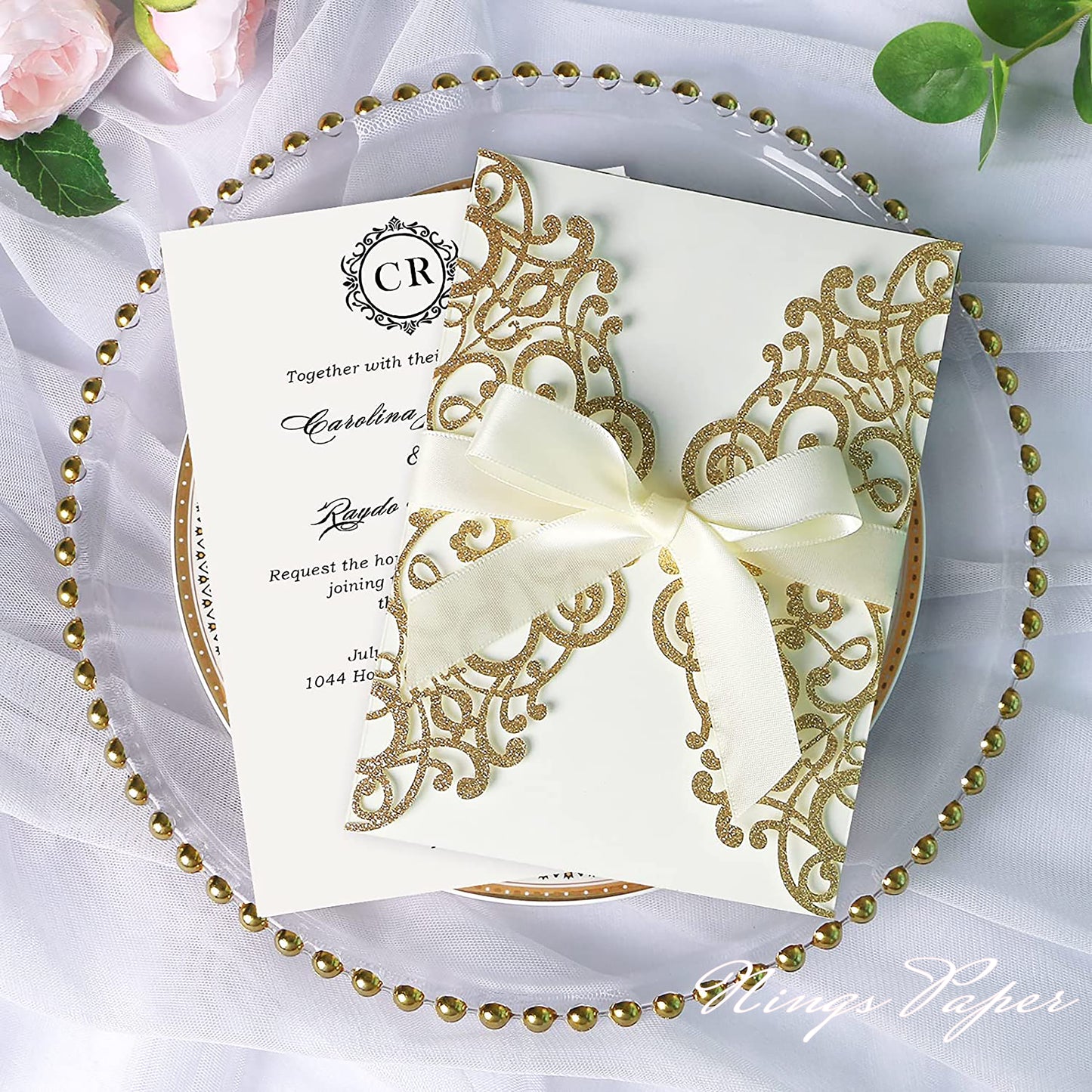 Gold Glitter Laser Cut Wedding Invitations Cards with Ivory Bow-knot