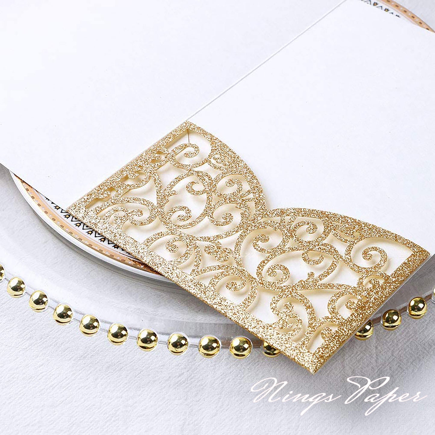 NingsPaper Gold Glitter Triple Folded Laser Cut Wedding Invitation Pocket