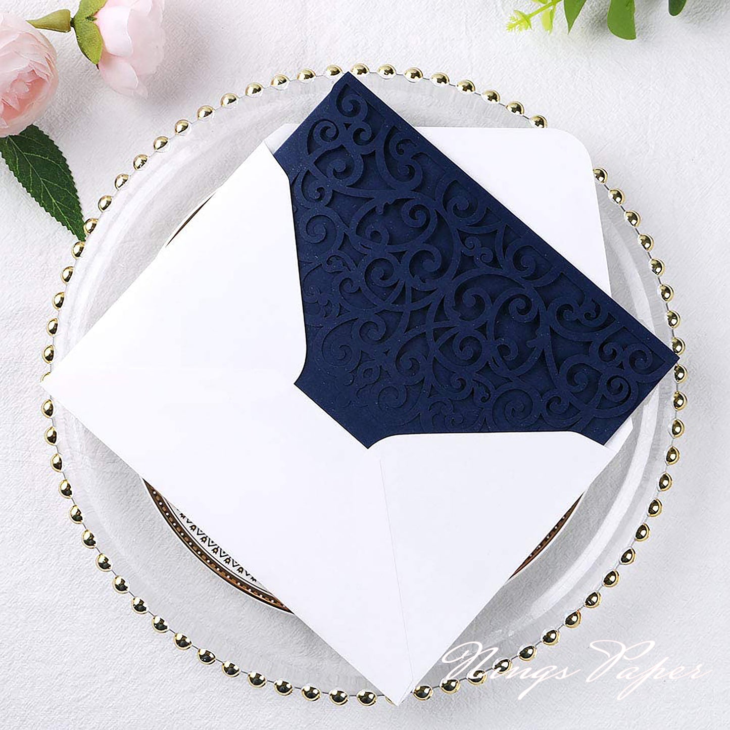 NingsPaper Navy Blue Triple Folded Laser Cut Wedding Invitation Pocket