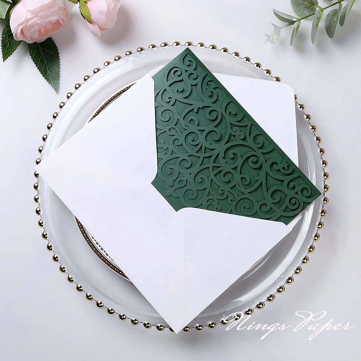 NingsPaper Emerald Green Triple Folded Laser Cut Wedding Invitation Pocket