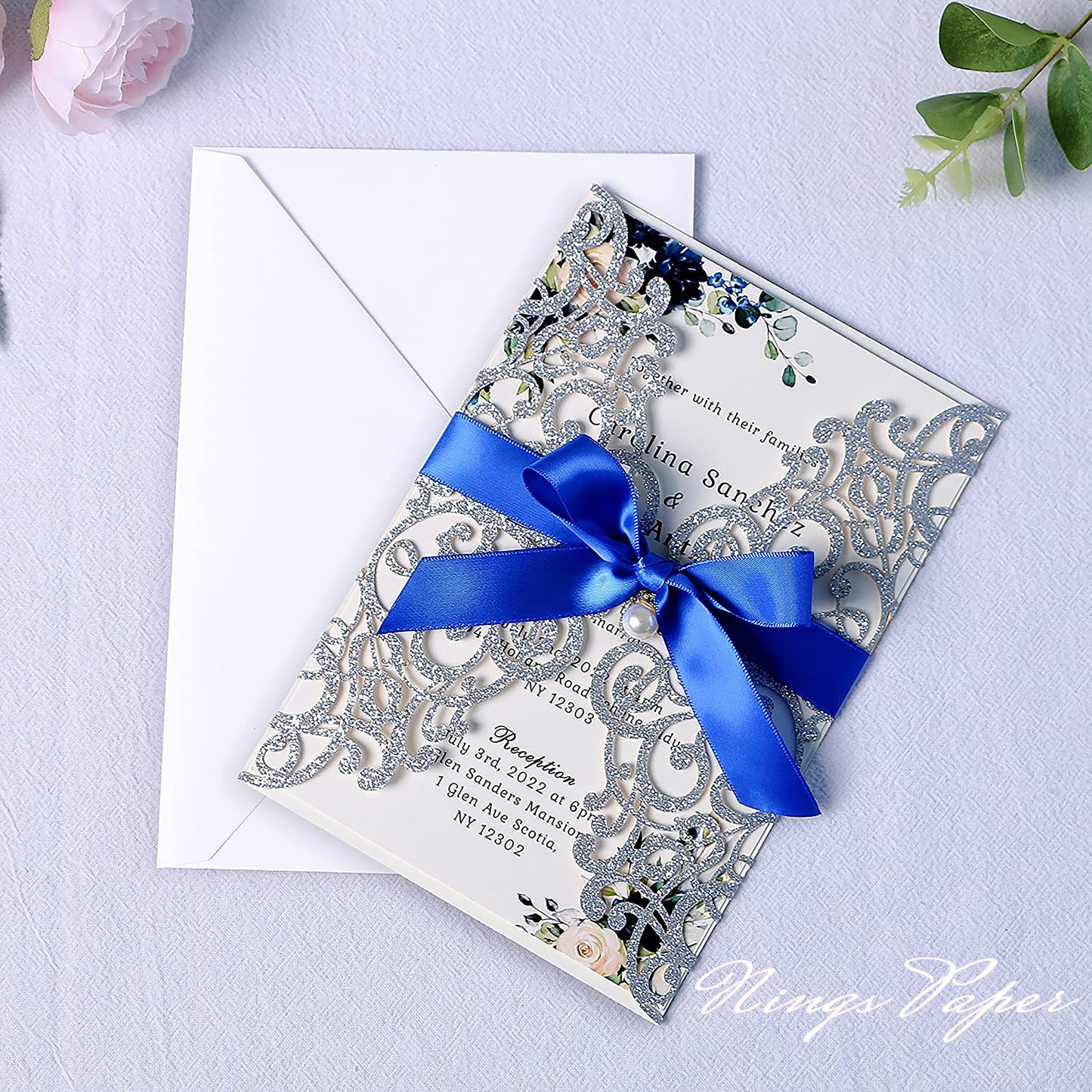 Silver Glitter Laser Cut Wedding Invitations Cards with Royal Blue Bow-knot