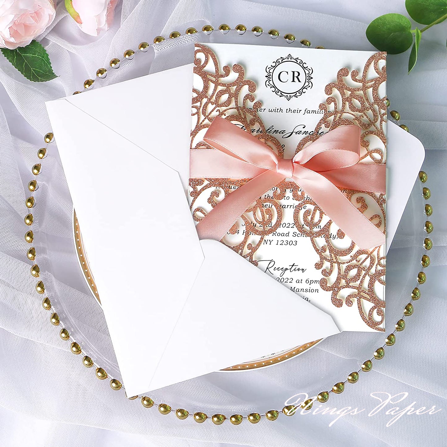 Rose Gold Glitter Laser Cut Wedding Invitations Cards with Blush Pink Bow-knot