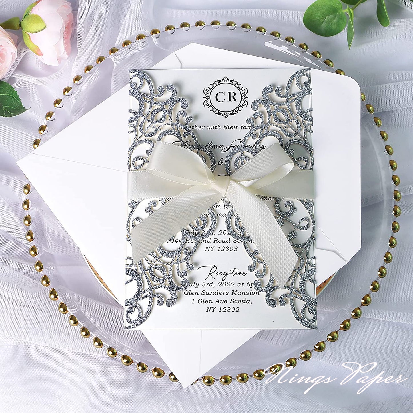 Silver Glitter Laser Cut Wedding Invitations Cards with Ivory Bow-knot