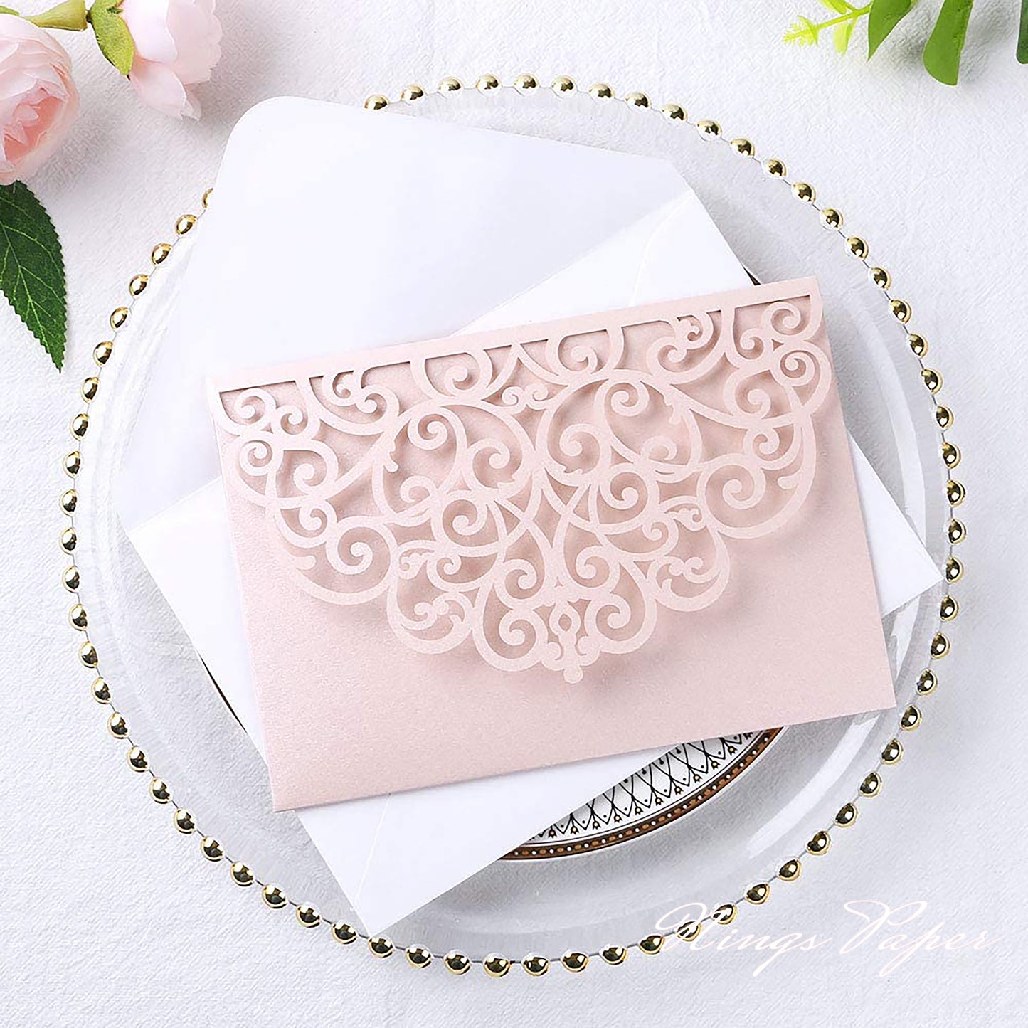 NingsPaper Blush Pink Triple Fold Laser Cut Wedding Invitation Pocket