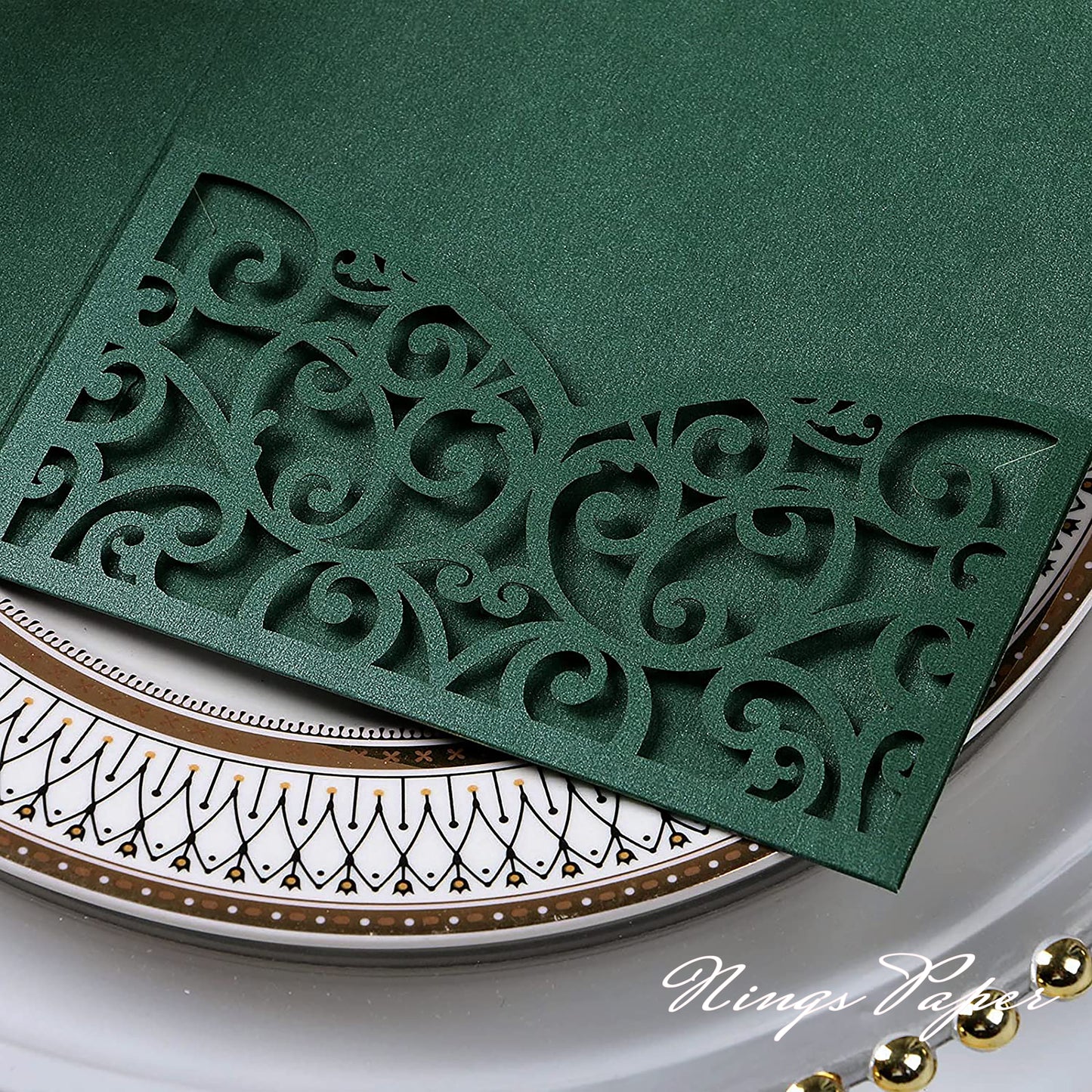 NingsPaper Emerald Green Triple Folded Laser Cut Wedding Invitation Pocket