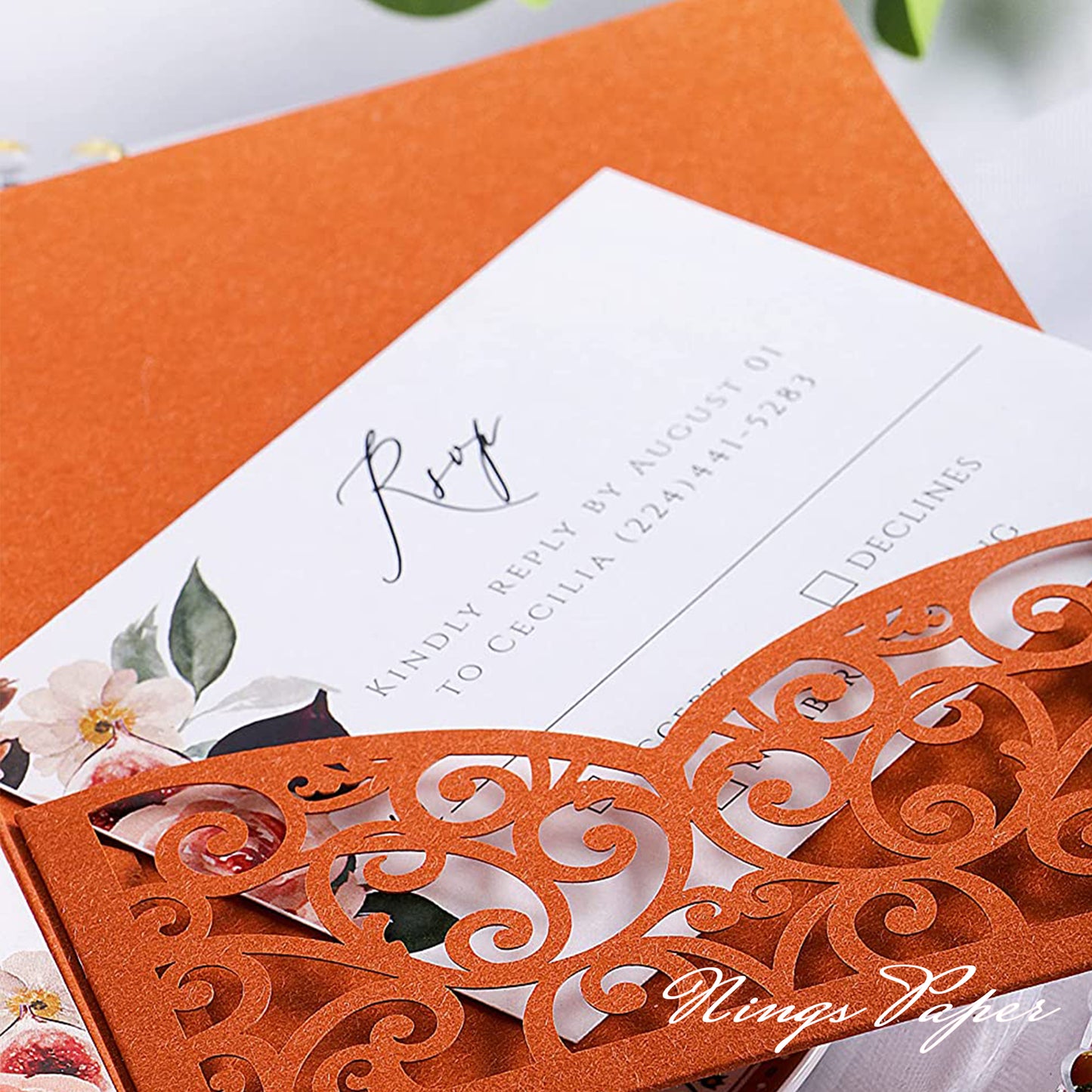 NingsPaper Burnt Orange Triple Folded Laser Cut Wedding Invitation Pocket