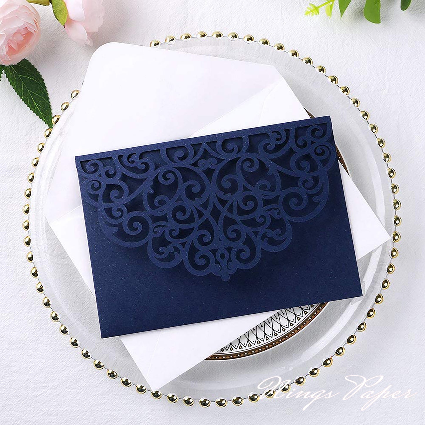 NingsPaper Navy Blue Triple Folded Laser Cut Wedding Invitation Pocket