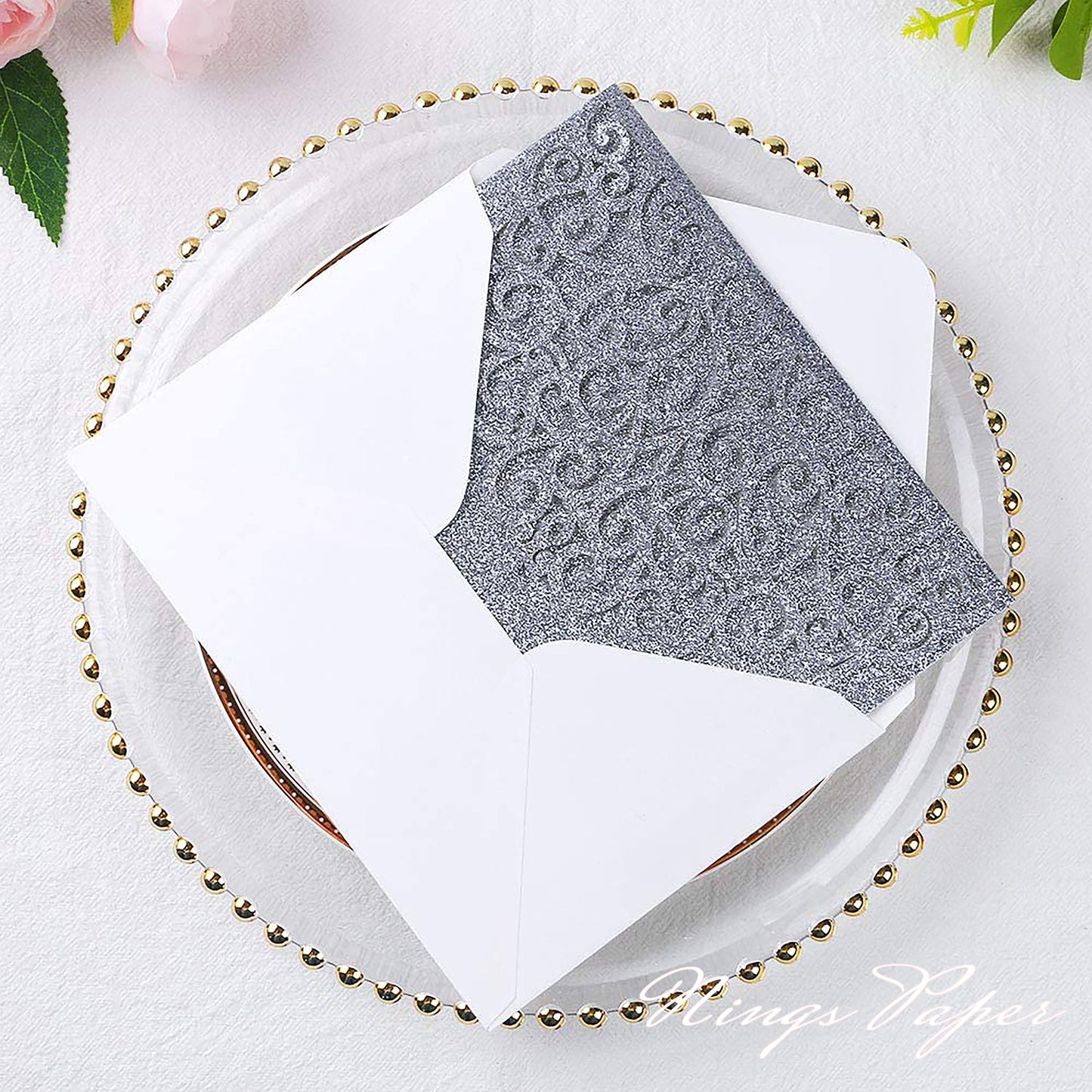 NingsPaper Silver Glitter Triple Folded Laser Cut Wedding Invitation Pocket