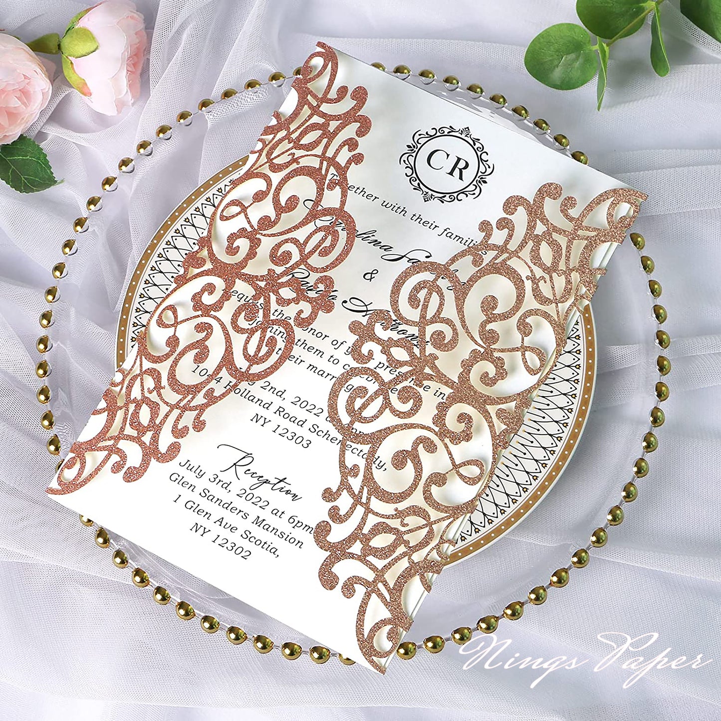 Rose Gold Glitter Laser Cut Wedding Invitations Cards with Blush Pink Bow-knot