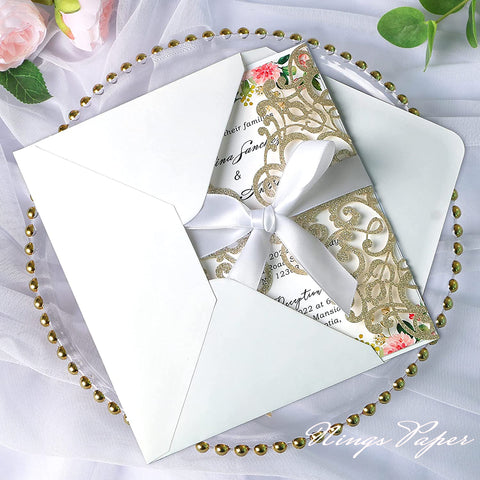 Champagne Gold Glitter Laser Cut Wedding Invitations Cards with White Bow-knot