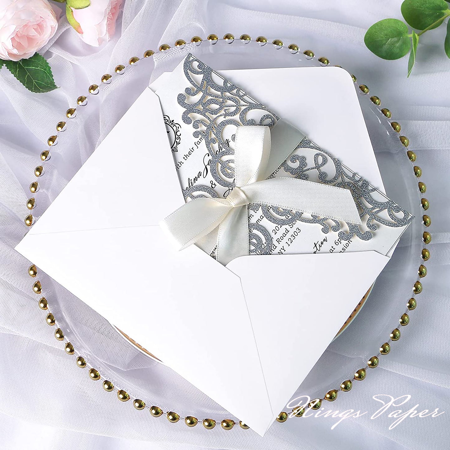 Silver Glitter Laser Cut Wedding Invitations Cards with Ivory Bow-knot