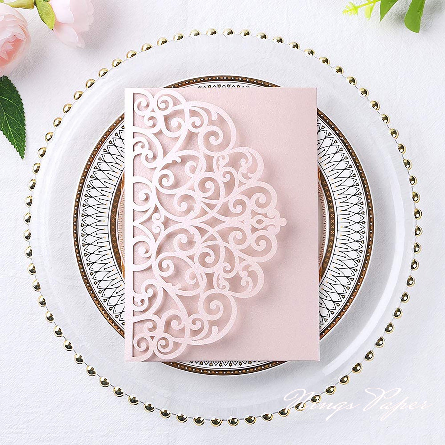 NingsPaper Blush Pink Triple Fold Laser Cut Wedding Invitation Pocket