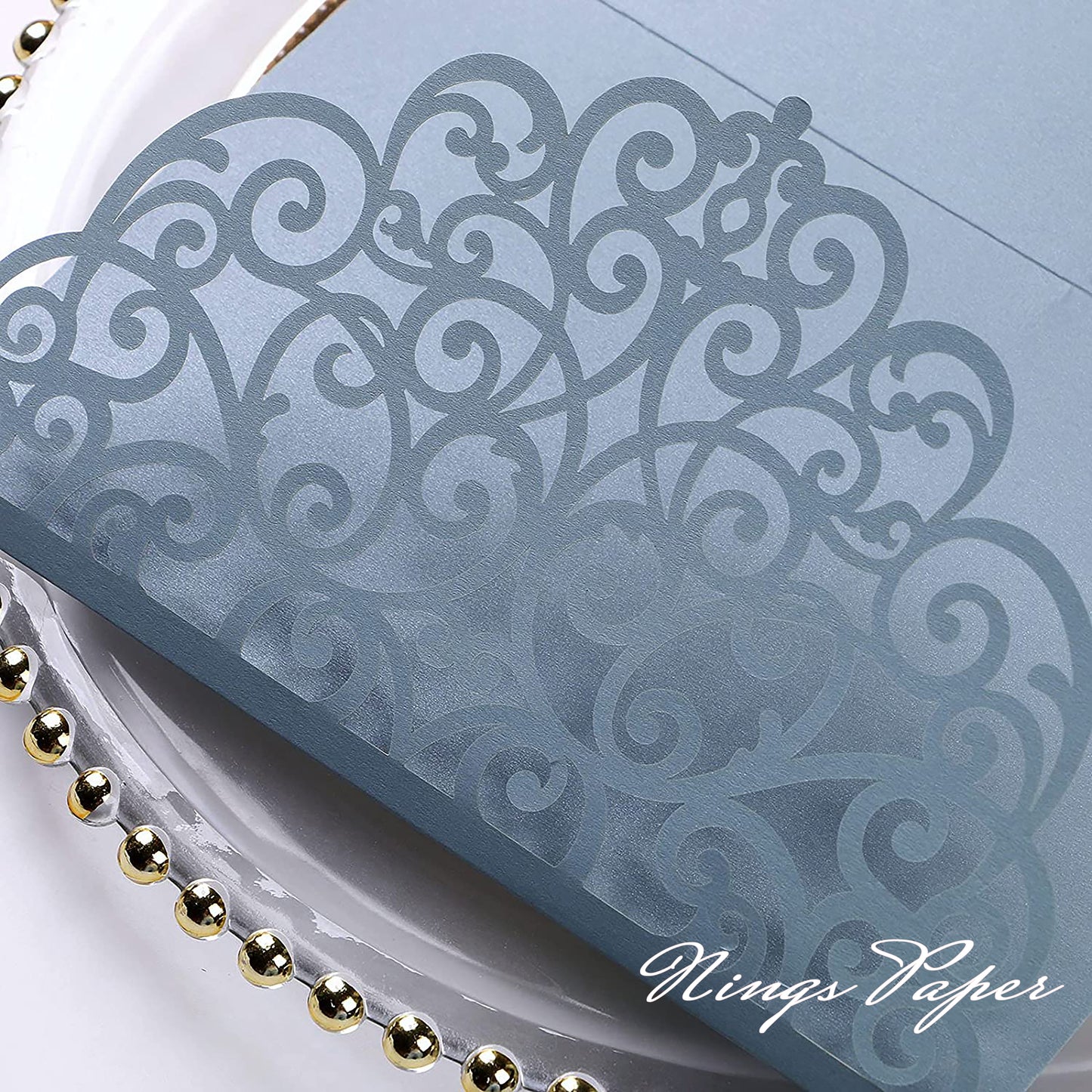 NingsPaper Dusty Blue Triple Folded Laser Cut Wedding Invitation Pocket