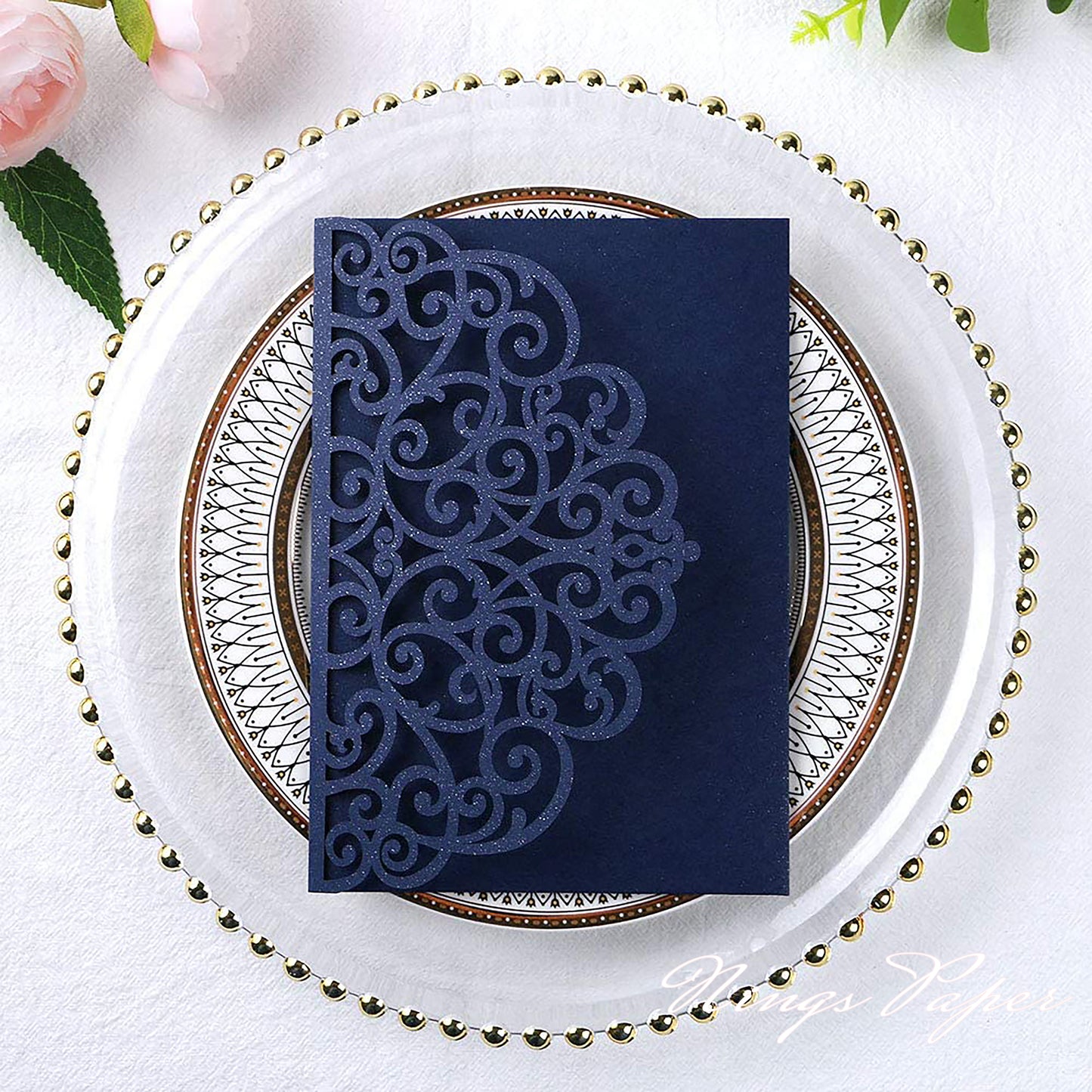 NingsPaper Navy Blue Triple Folded Laser Cut Wedding Invitation Pocket