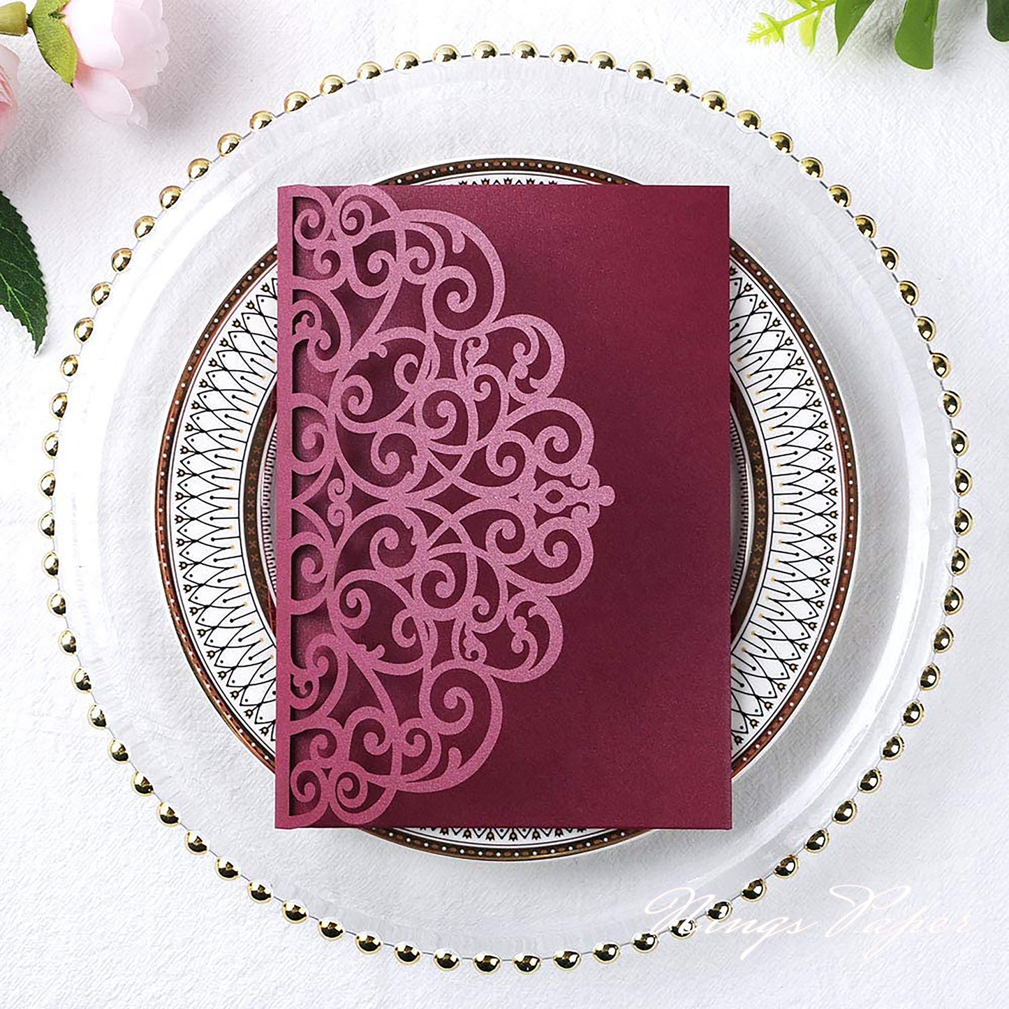 NingsPaper Burgundy Triple Folded Laser Cut Wedding Invitation Pocket