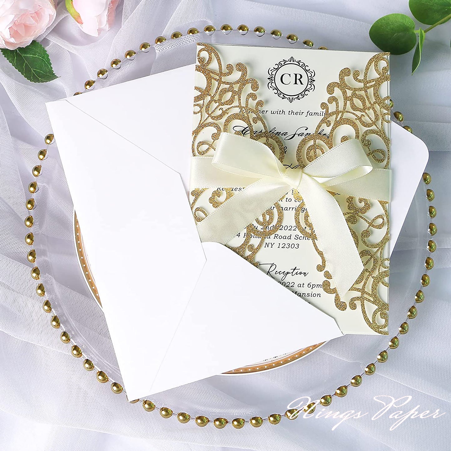 Gold Glitter Laser Cut Wedding Invitations Cards with Ivory Bow-knot