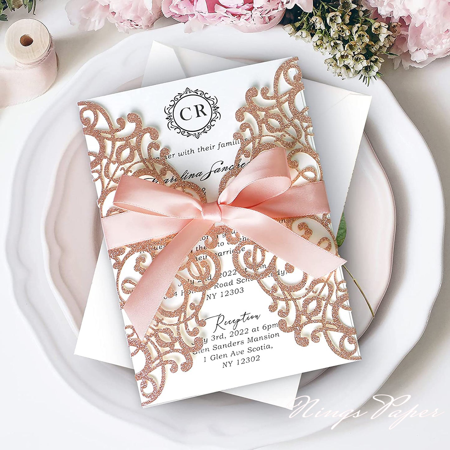 Rose Gold Glitter Laser Cut Wedding Invitations Cards with Blush Pink Bow-knot