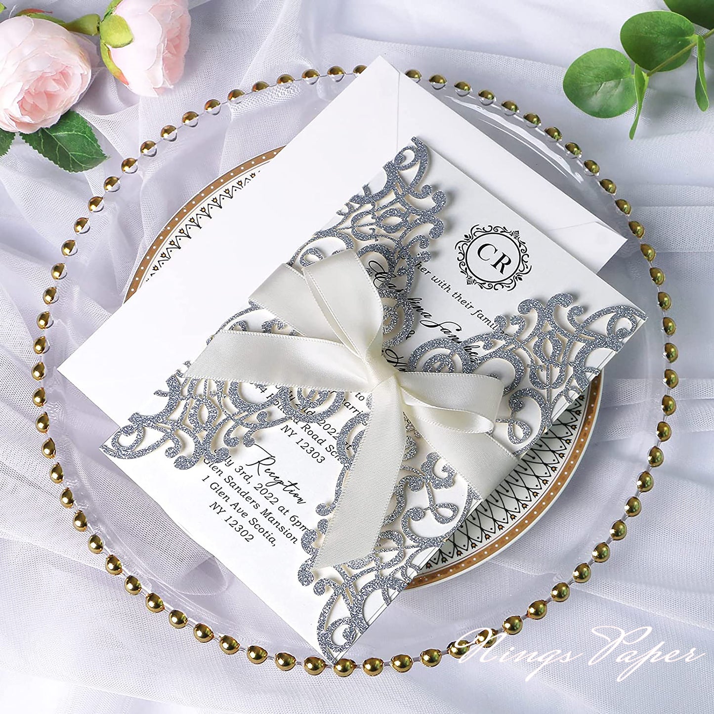 Silver Glitter Laser Cut Wedding Invitations Cards with Ivory Bow-knot