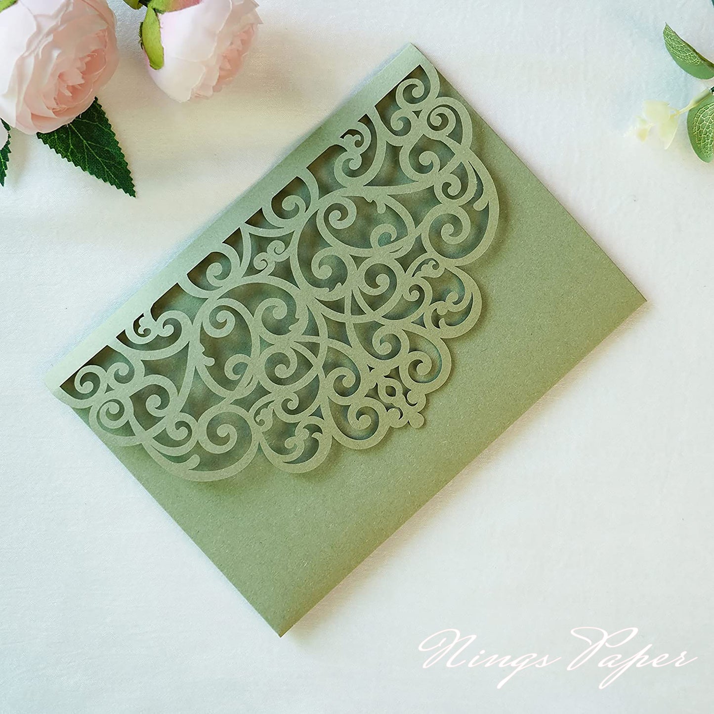 NingsPaper Sage Green Triple Folded Laser Cut Wedding Invitation Pocket