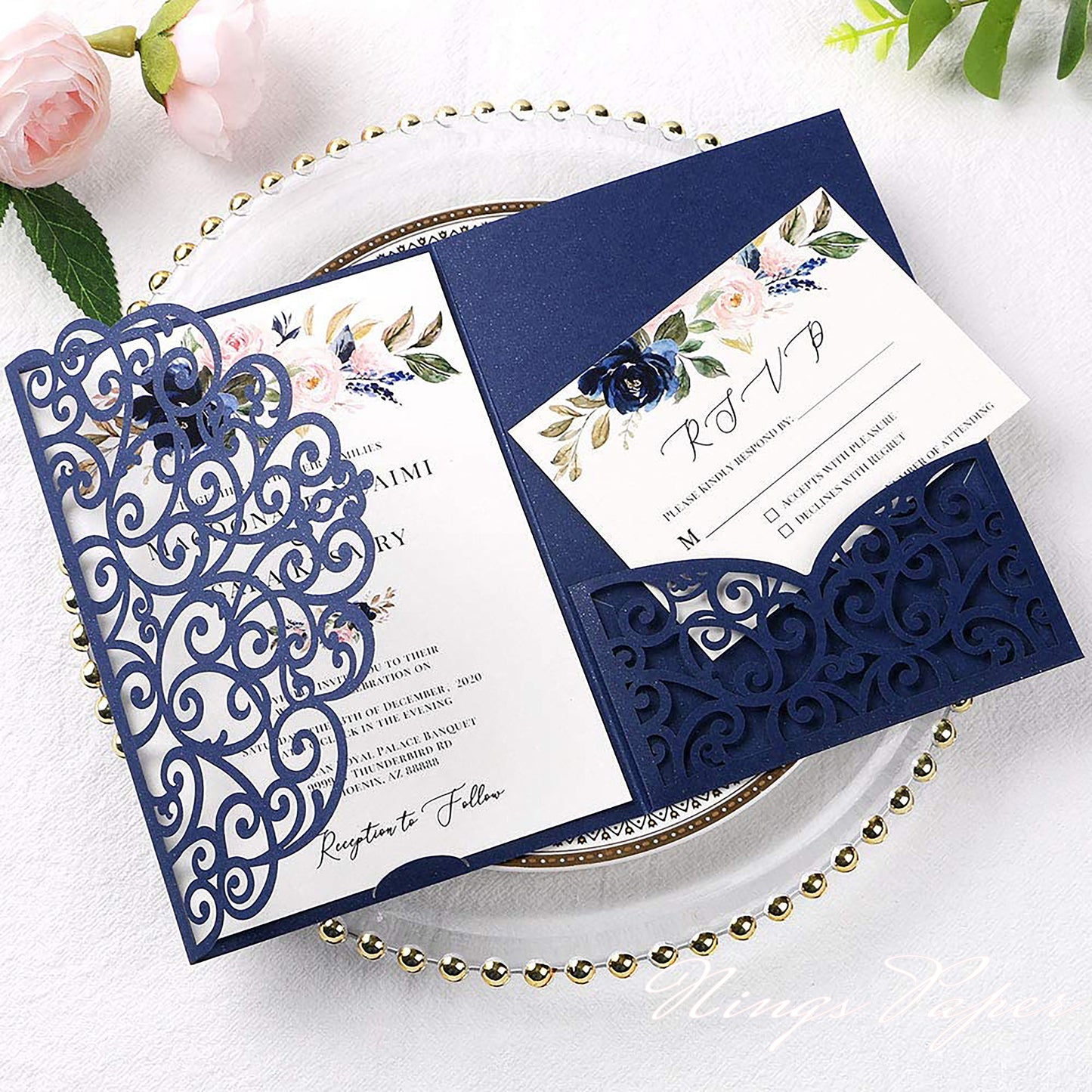 NingsPaper Navy Blue Triple Folded Laser Cut Wedding Invitation Pocket