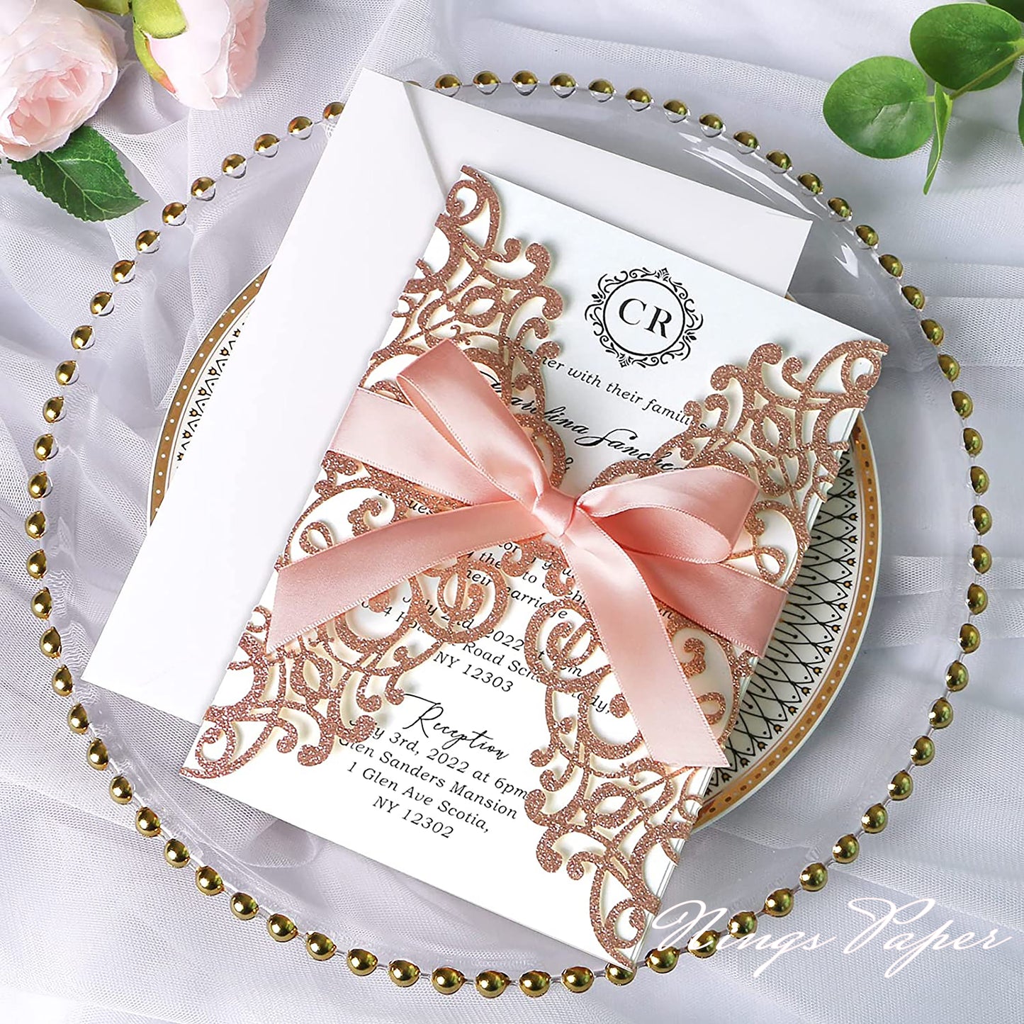 Rose Gold Glitter Laser Cut Wedding Invitations Cards with Blush Pink Bow-knot