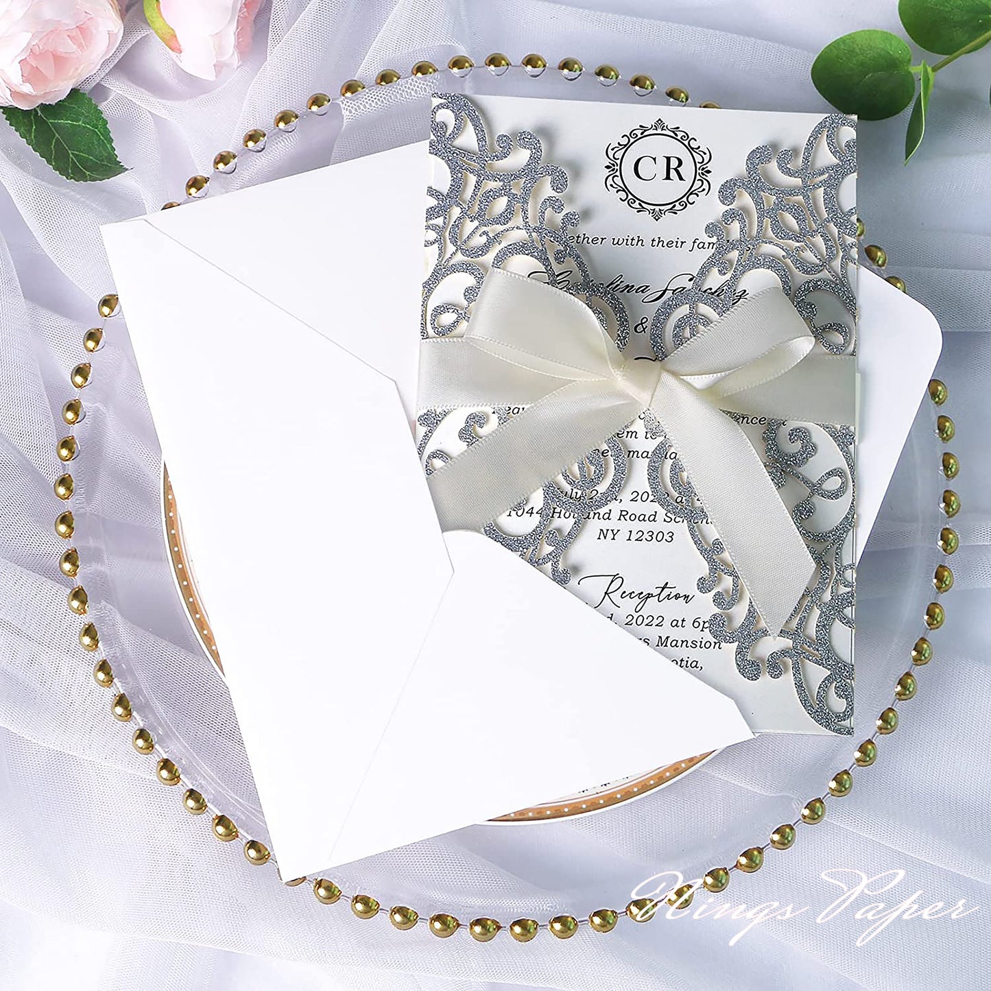 Silver Glitter Laser Cut Wedding Invitations Cards with Ivory Bow-knot