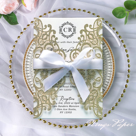 Champagne Gold Glitter Laser Cut Wedding Invitations Cards with White Bow-knot