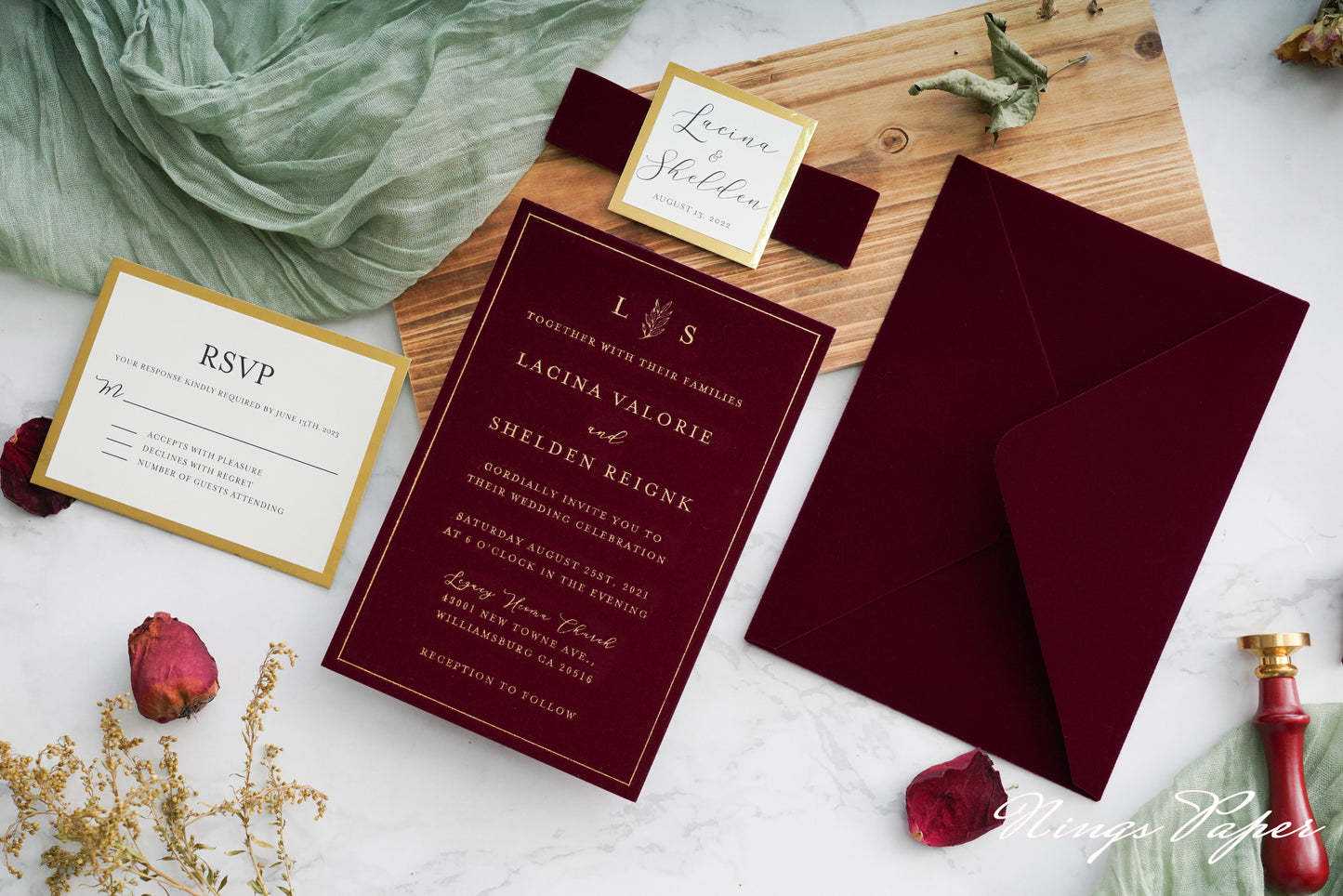 NingsPaper Burgundy Gold Foil Print Velvet Wedding Invitation Cards with Envelopes