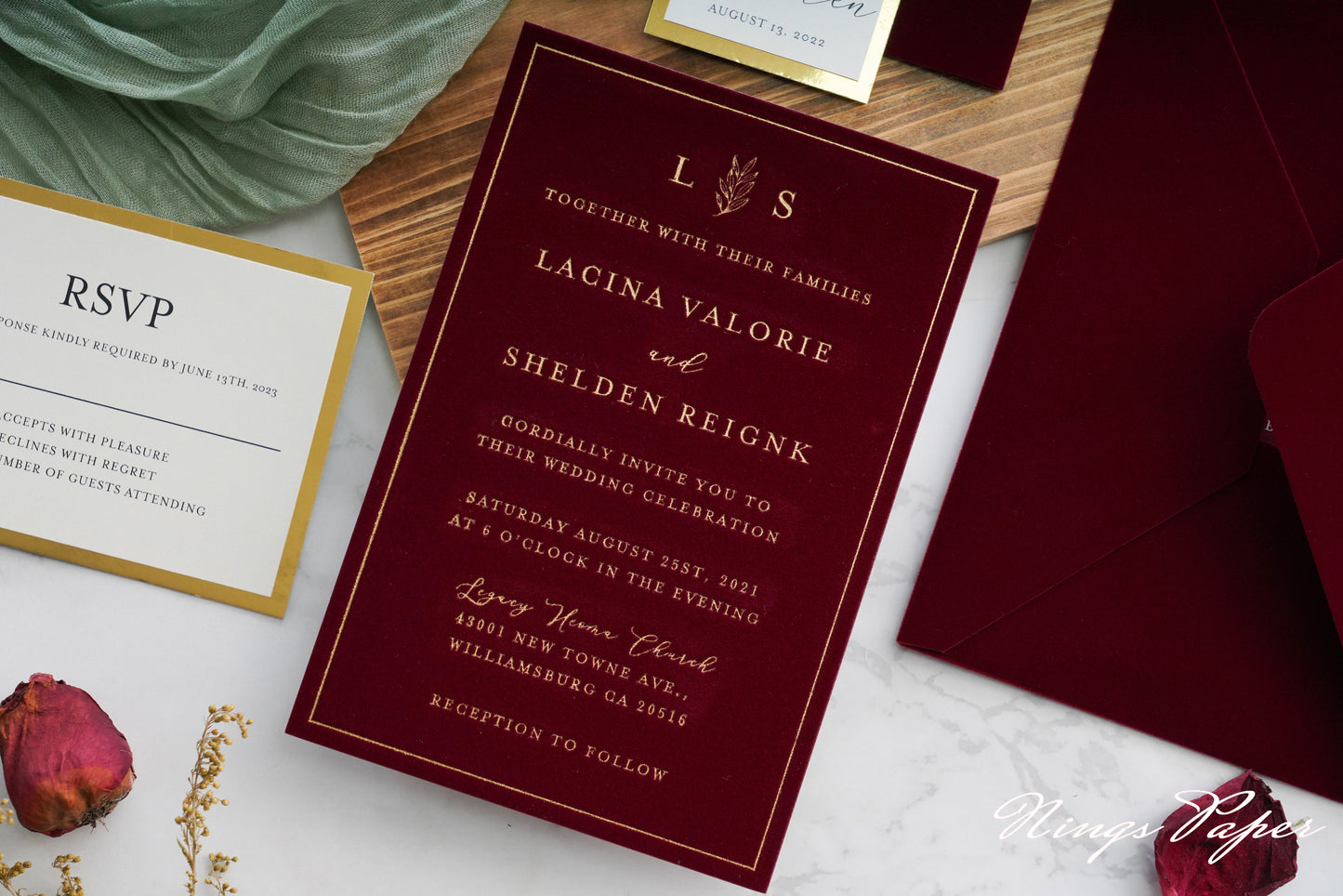 NingsPaper Burgundy Gold Foil Print Velvet Wedding Invitation Cards with Envelopes