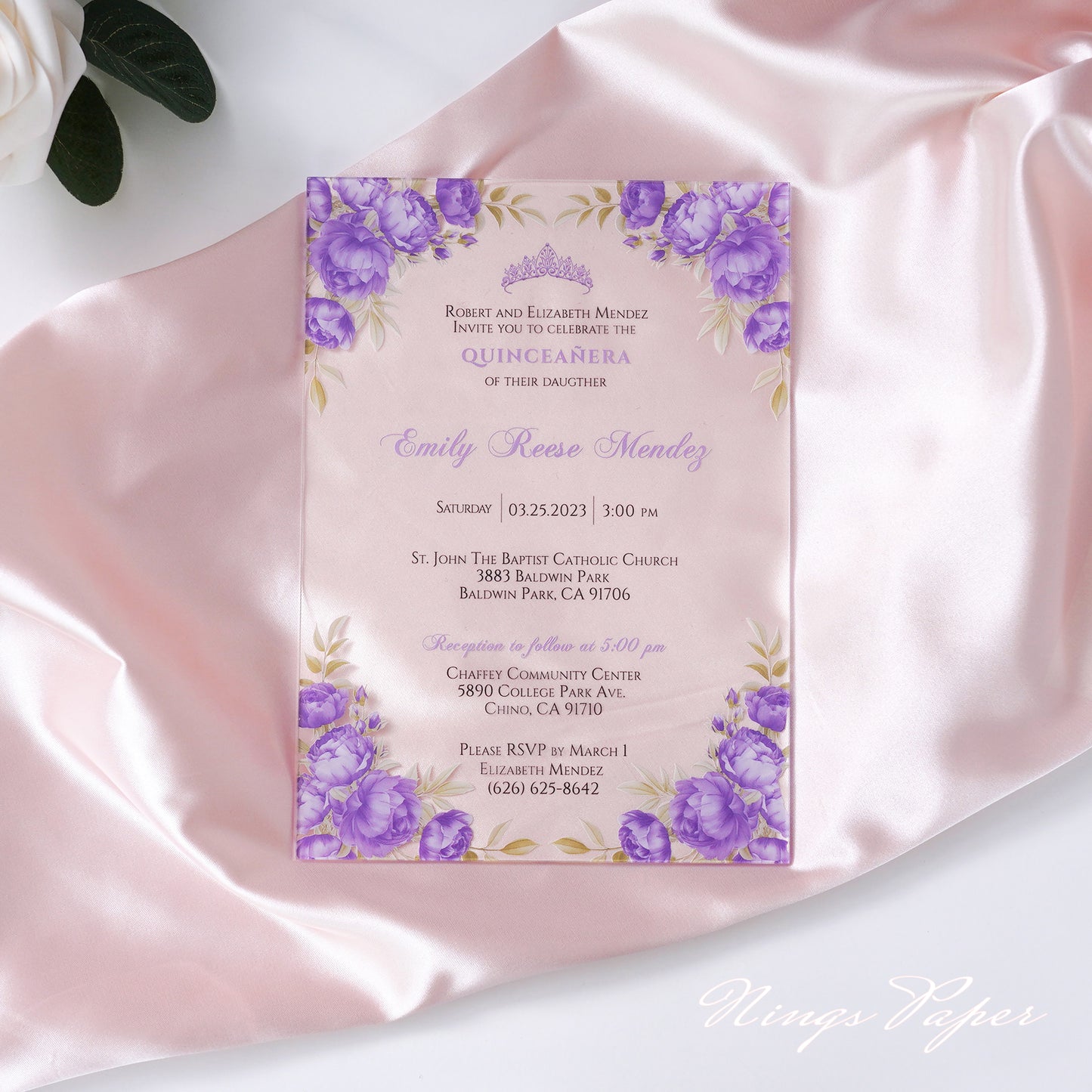 1mm/0.04" Lilac Clear Acrylic Quinceanera Invitation Cards with Envelopes