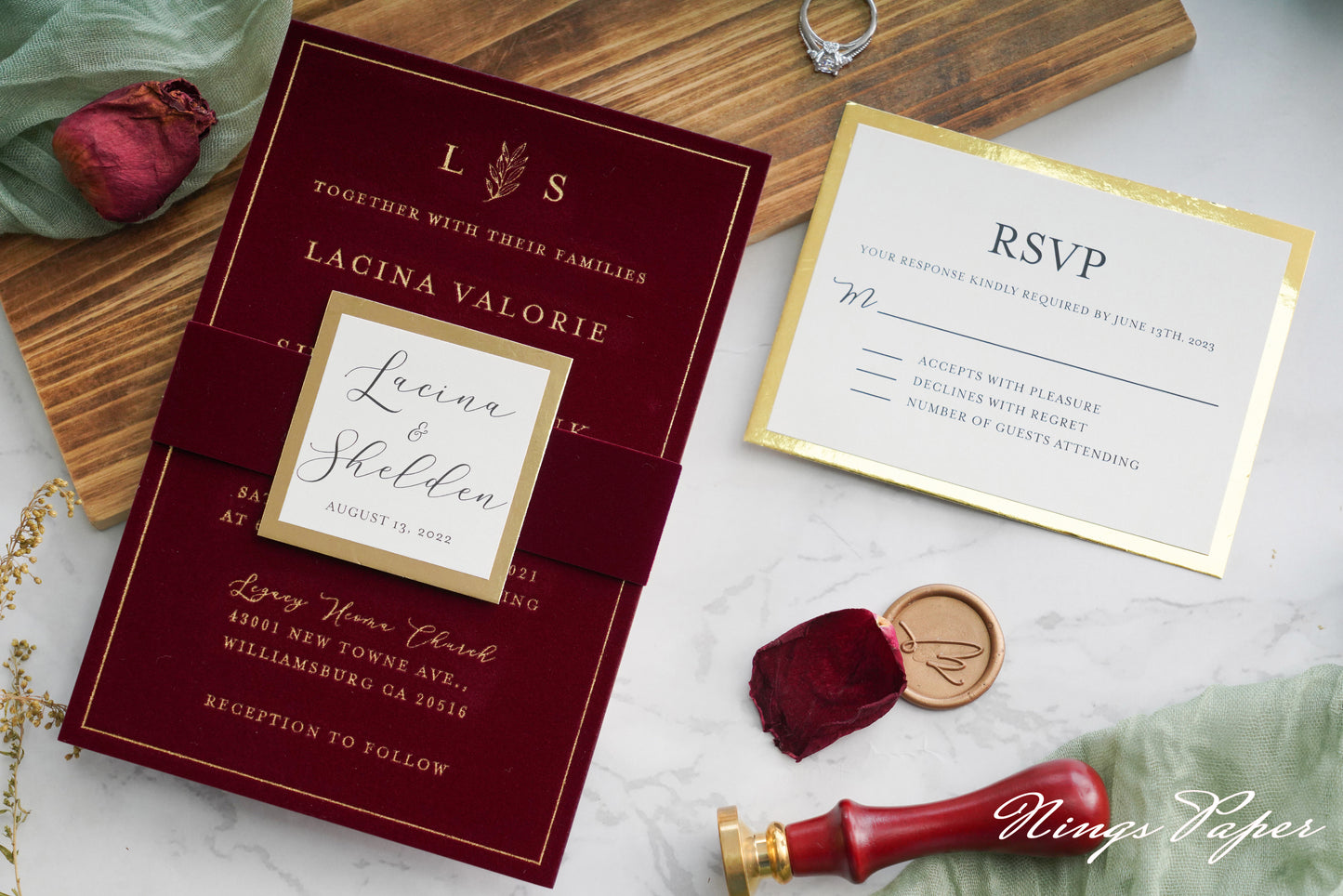 NingsPaper Burgundy Gold Foil Print Velvet Wedding Invitation Cards with Envelopes