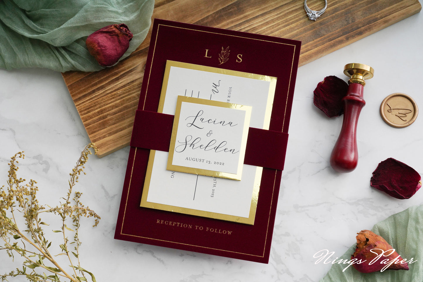 NingsPaper Burgundy Gold Foil Print Velvet Wedding Invitation Cards with Envelopes