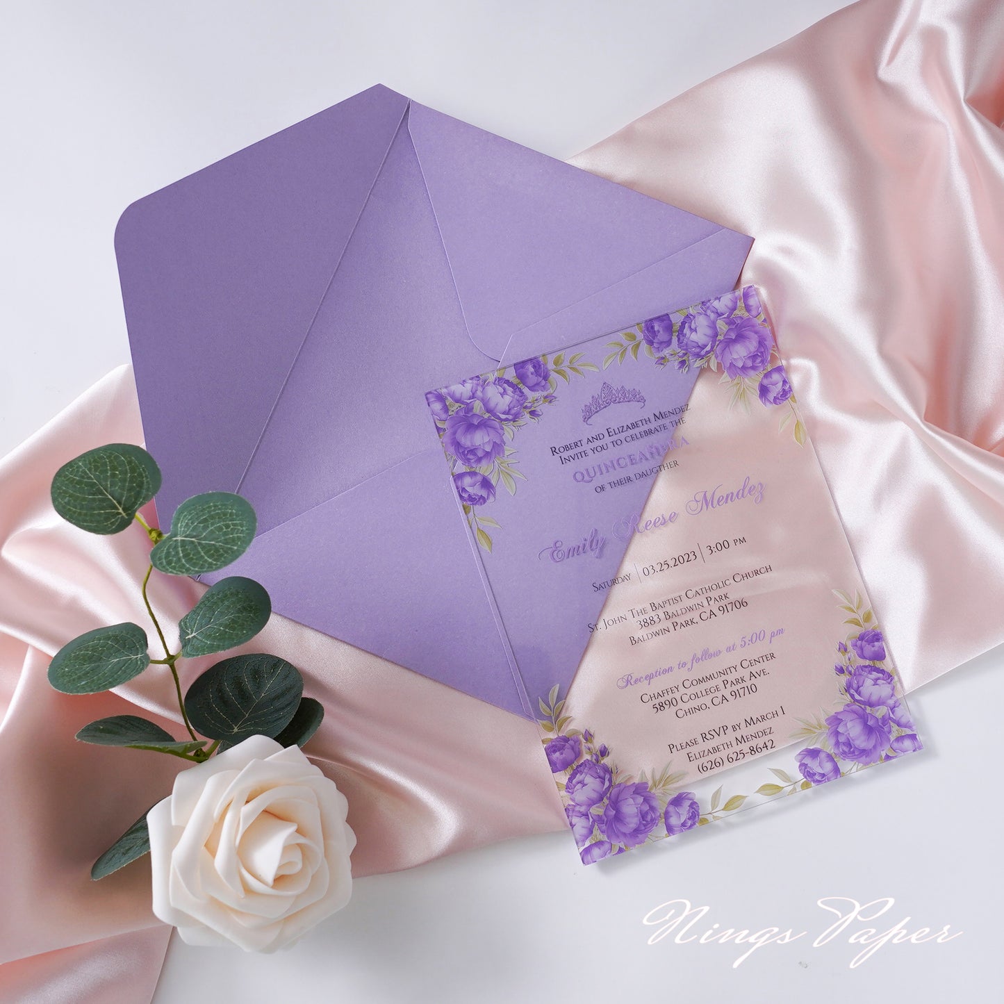 1mm/0.04" Lilac Clear Acrylic Quinceanera Invitation Cards with Envelopes