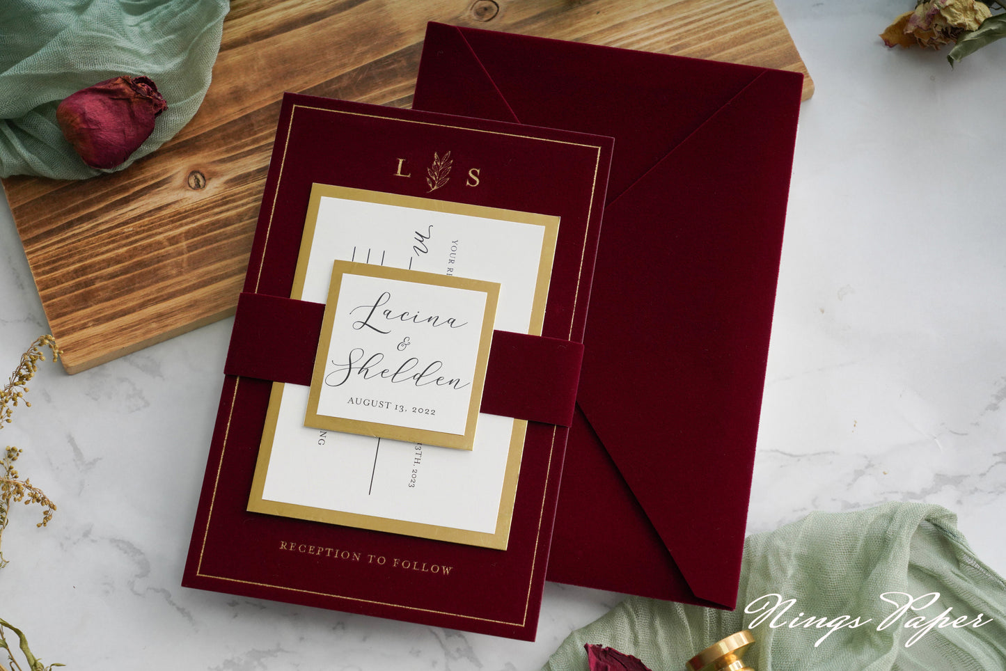 NingsPaper Burgundy Gold Foil Print Velvet Wedding Invitation Cards with Envelopes