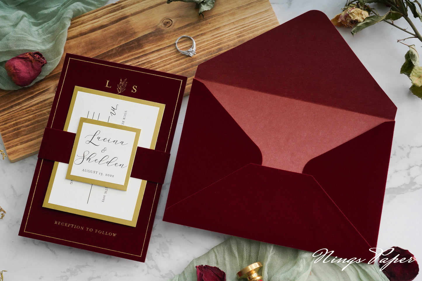 NingsPaper Burgundy Gold Foil Print Velvet Wedding Invitation Cards with Envelopes