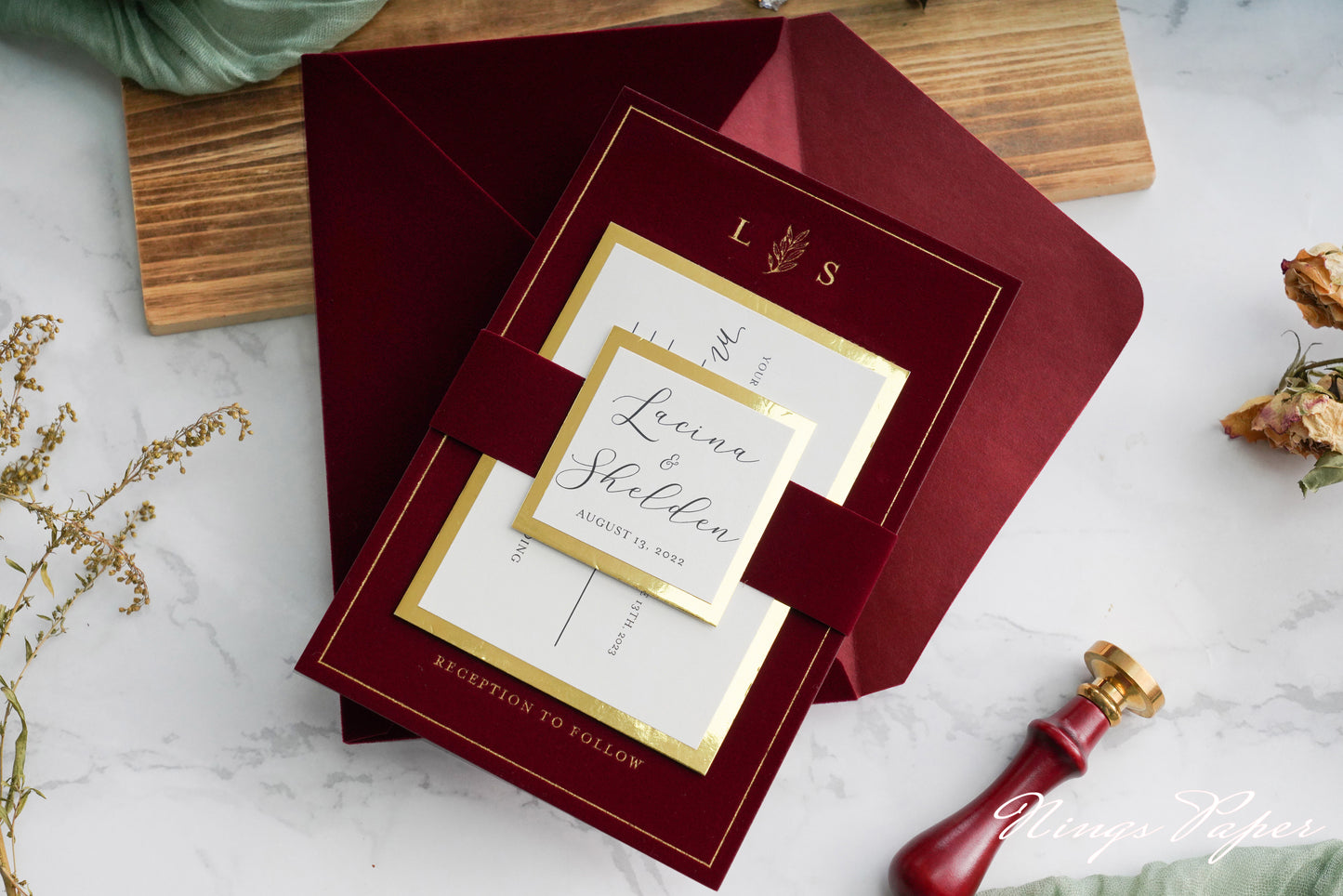 NingsPaper Burgundy Gold Foil Print Velvet Wedding Invitation Cards with Envelopes