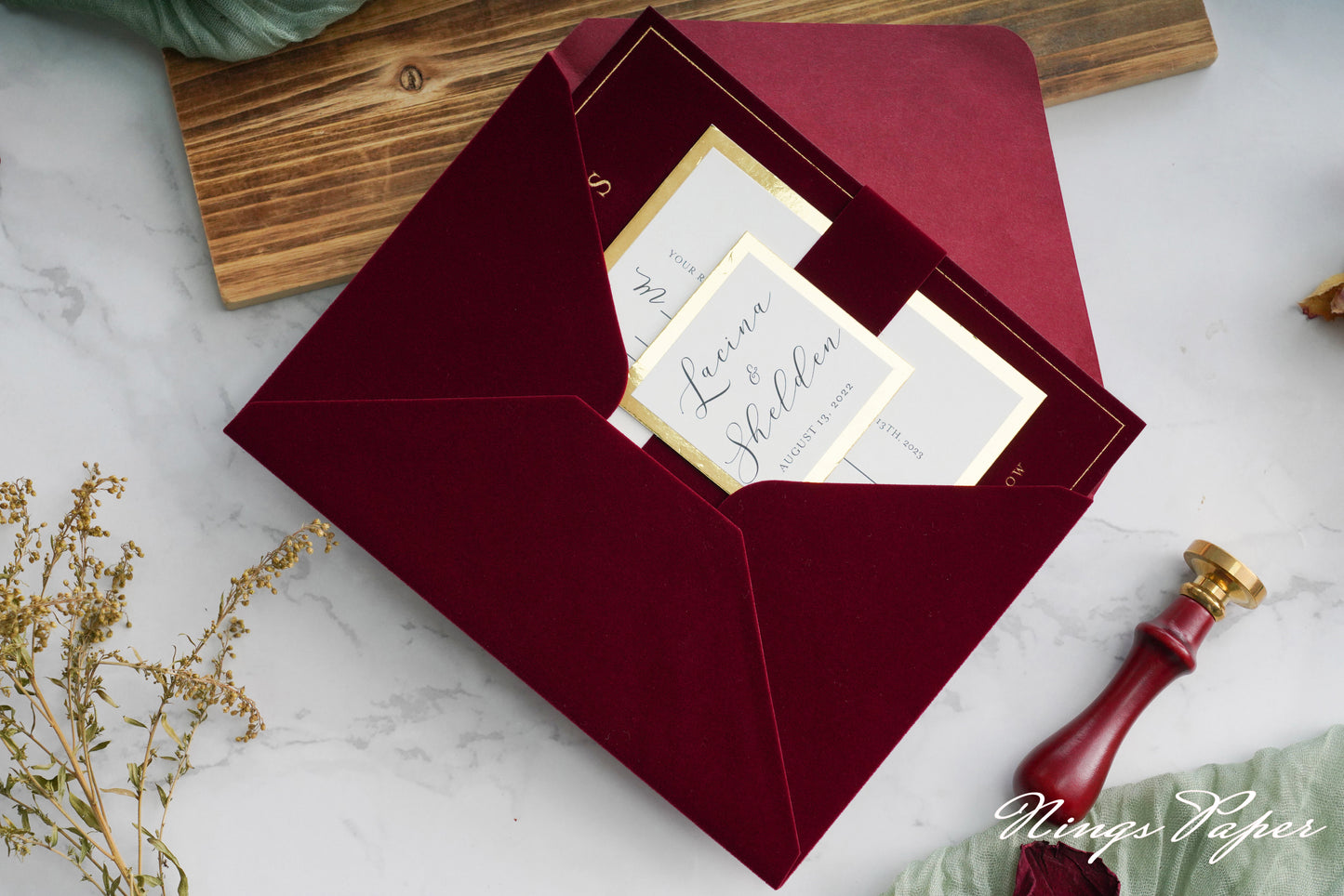 NingsPaper Burgundy Gold Foil Print Velvet Wedding Invitation Cards with Envelopes